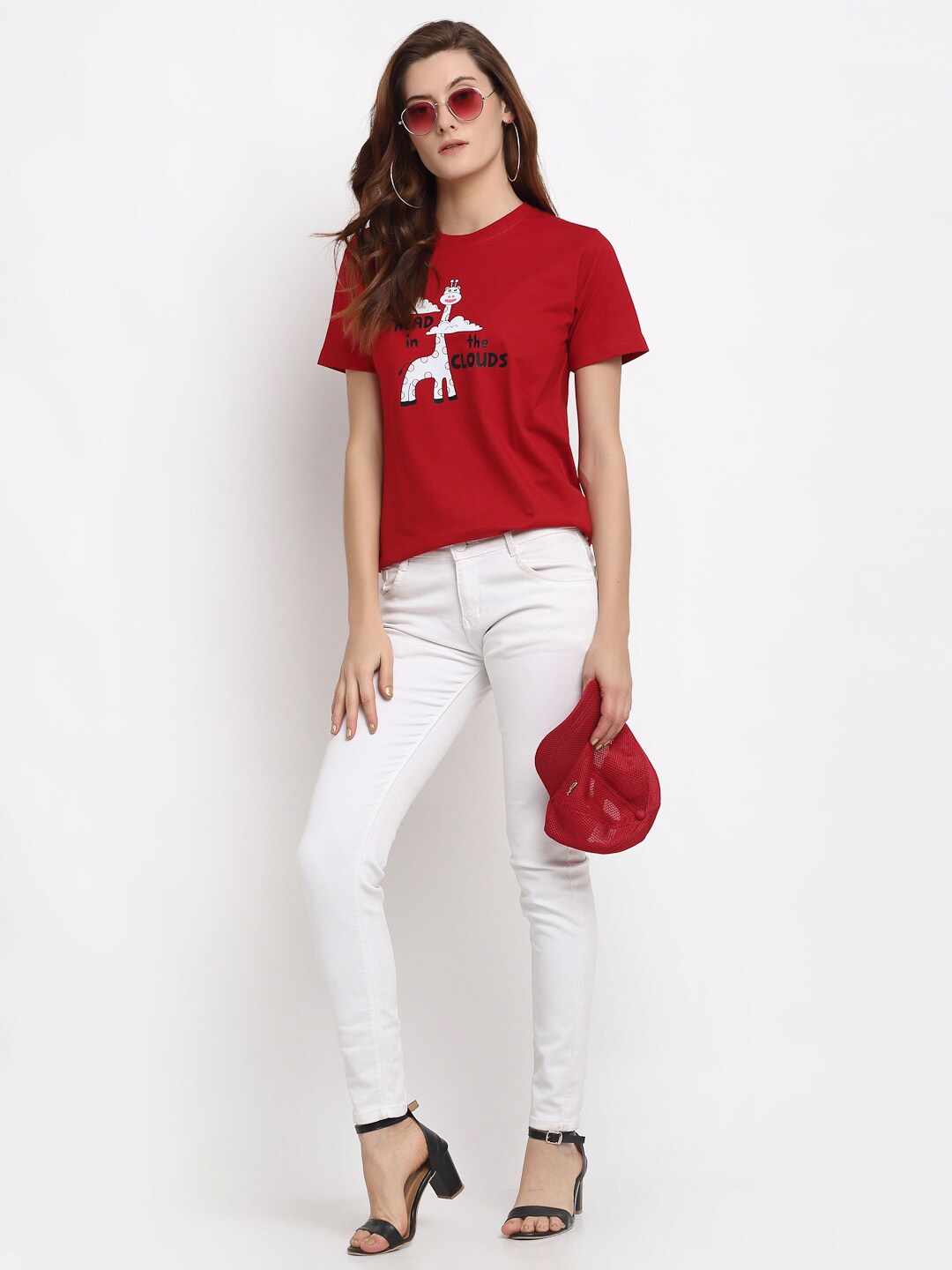 YOLOCLAN Typography Printed Cotton T-shirt, Red