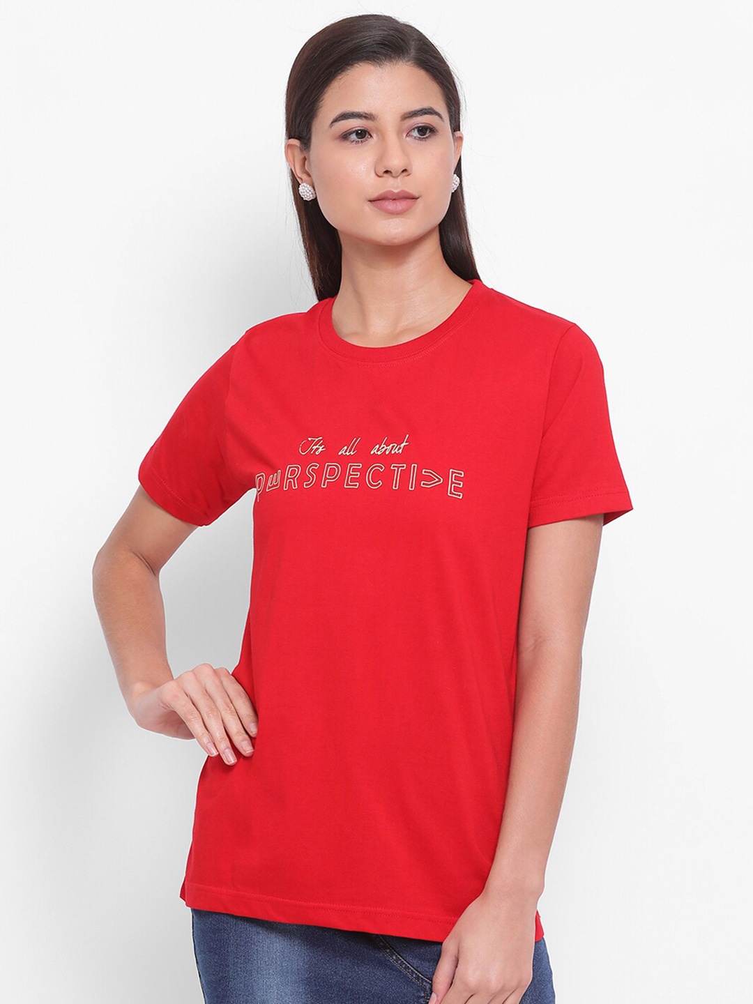 

YOLOCLAN Typography Printed Round Neck Cotton T-shirt, Red