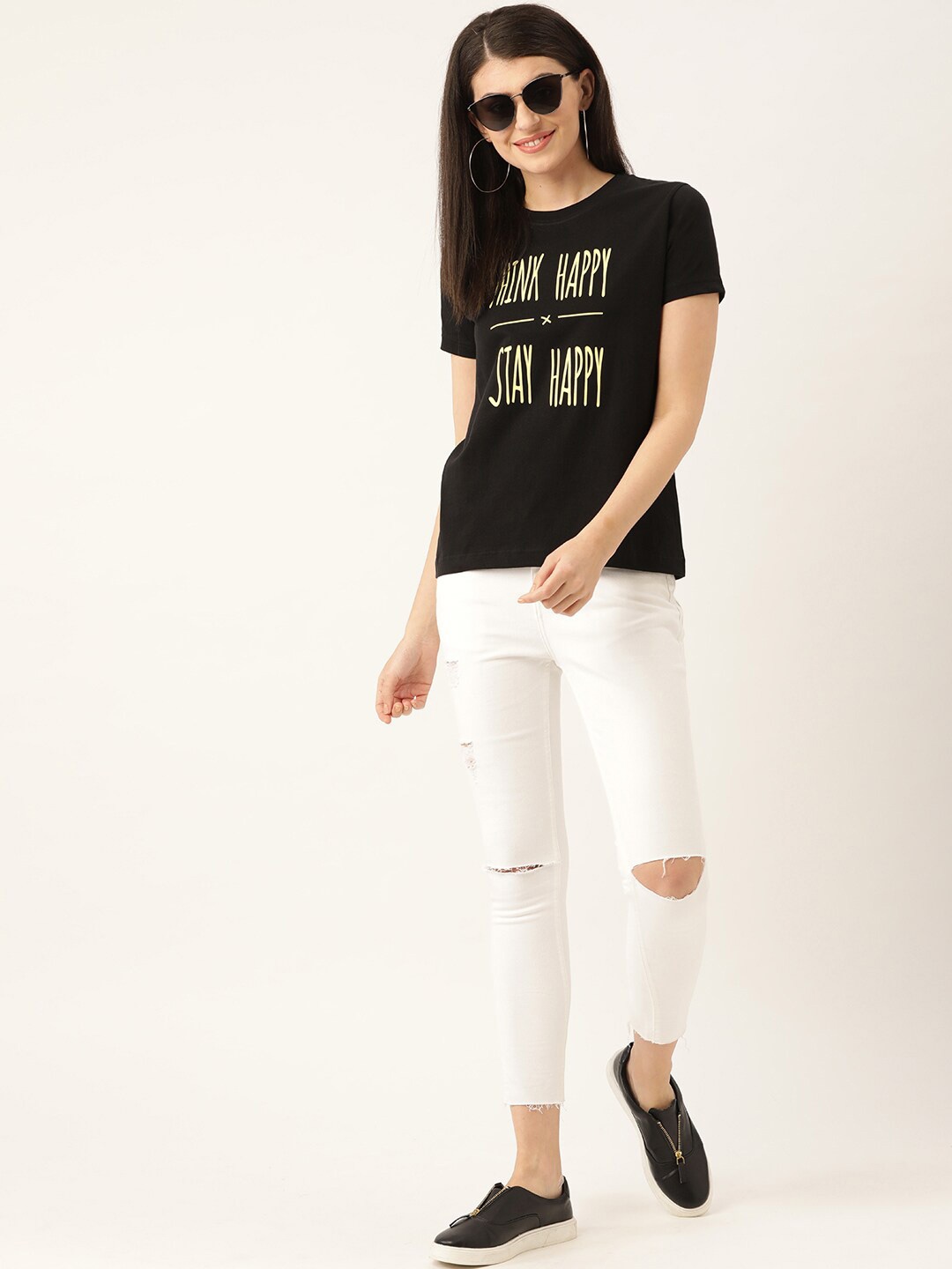 

YOLOCLAN Typography Printed Round Neck Pure Cotton T-shirt, Black