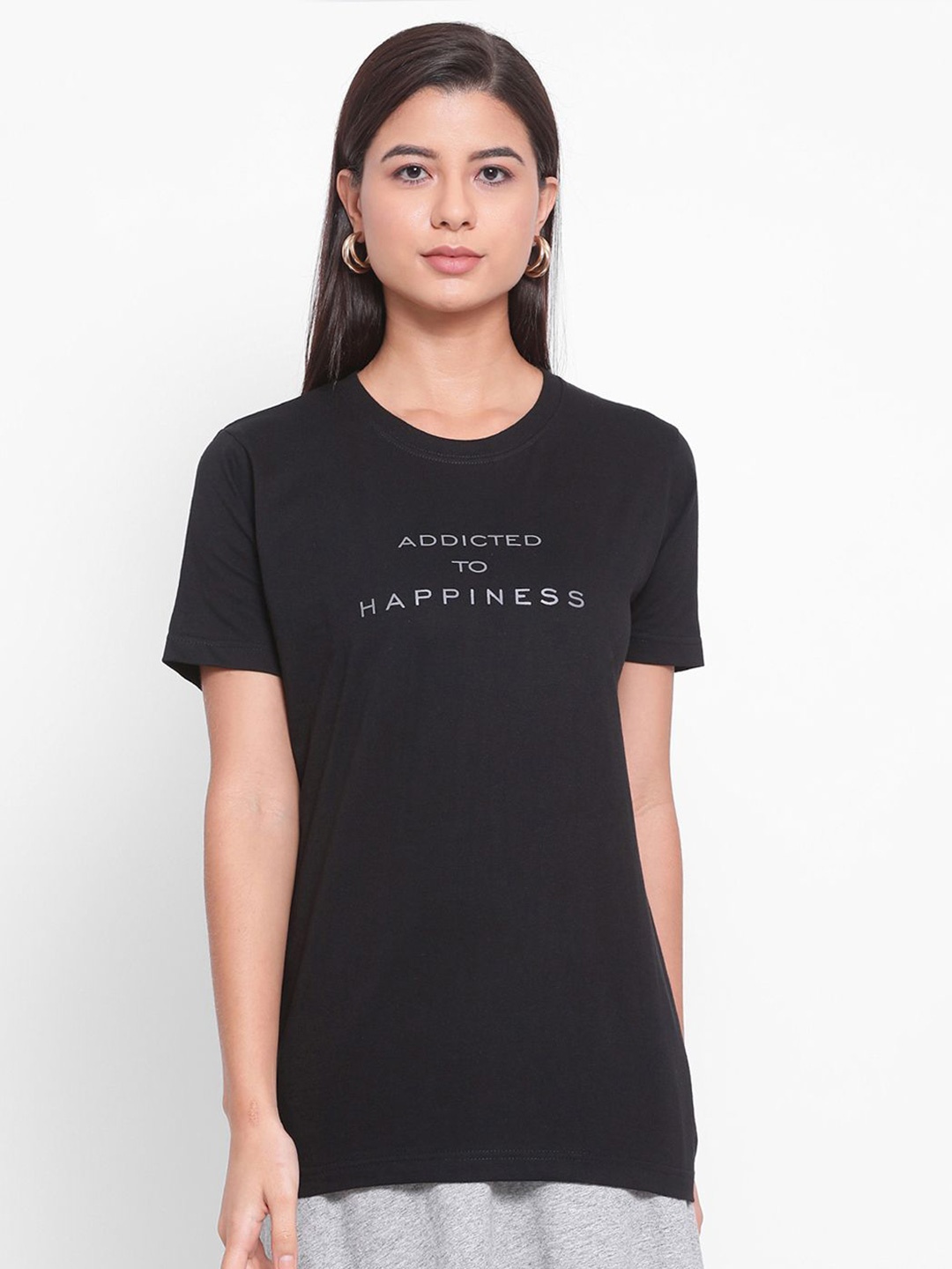

YOLOCLAN Typography Printed Round Neck Pure Cotton T-shirt, Black