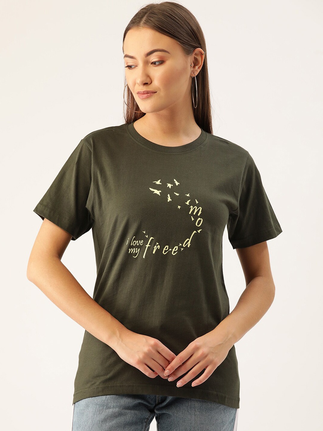 

YOLOCLAN Typography Printed Cotton T-shirt, Green
