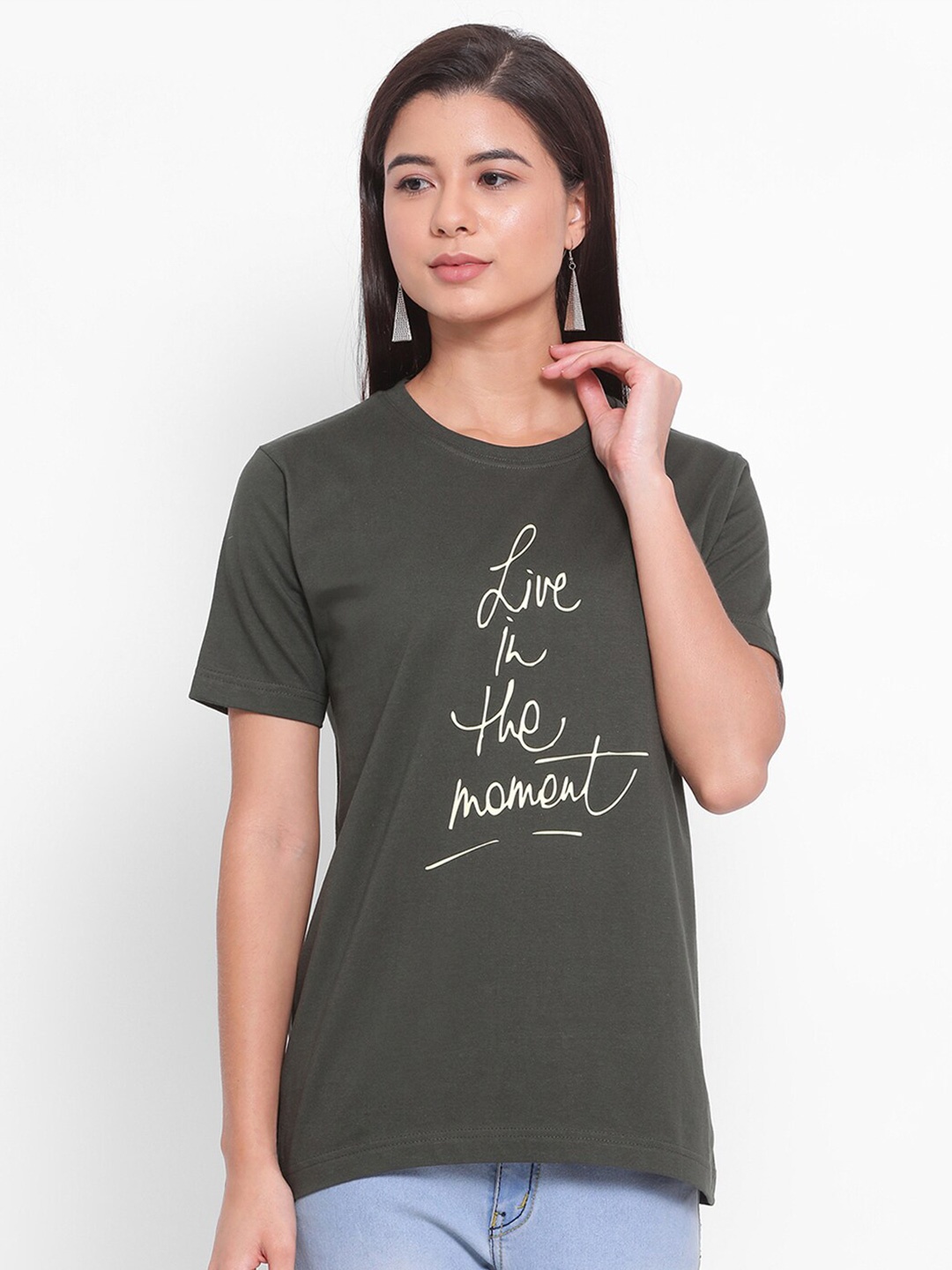 

YOLOCLAN Typography Printed Pure Cotton T-shirt, Green