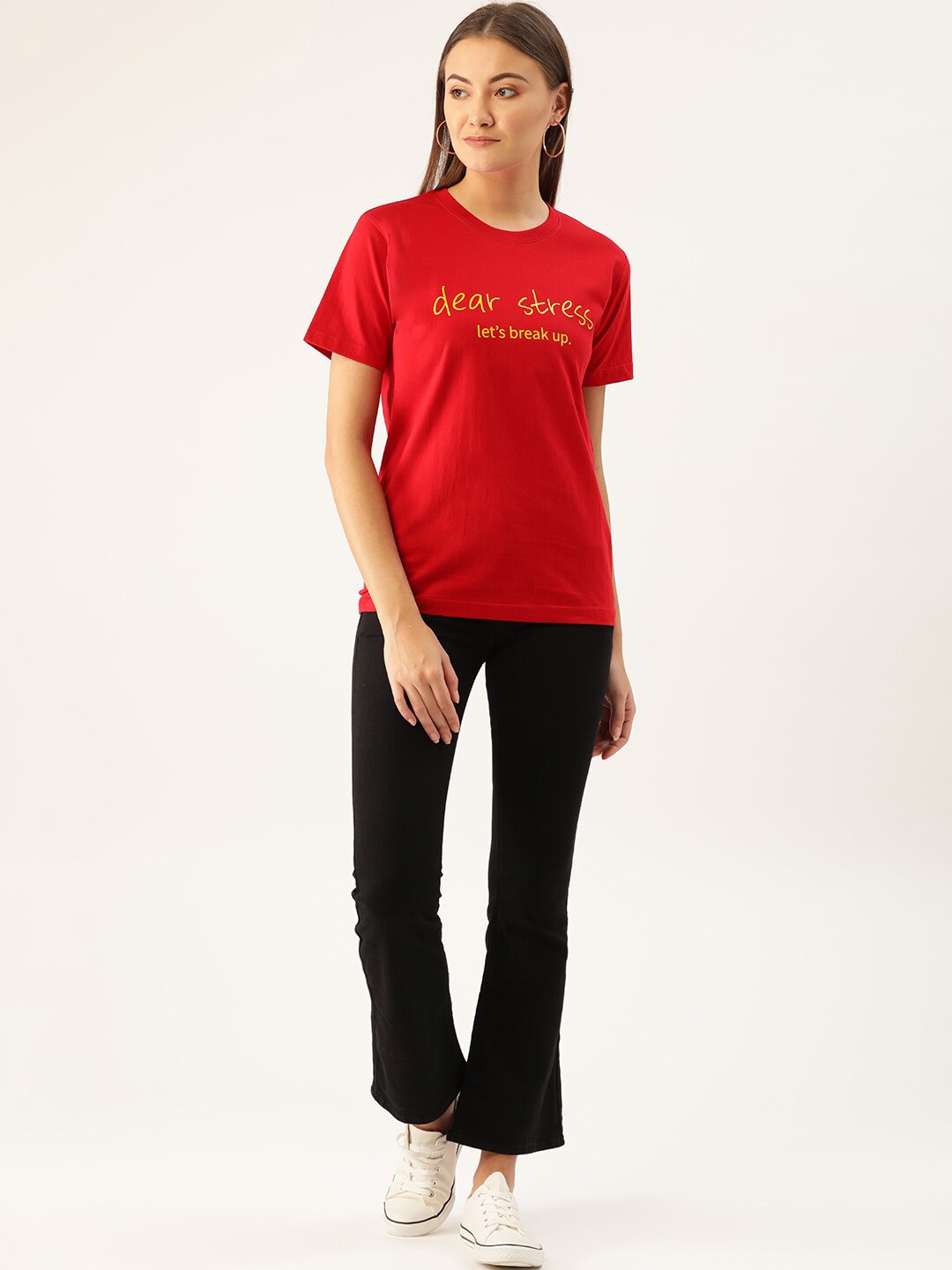 

YOLOCLAN Typography Printed Pure Cotton T-shirt, Red