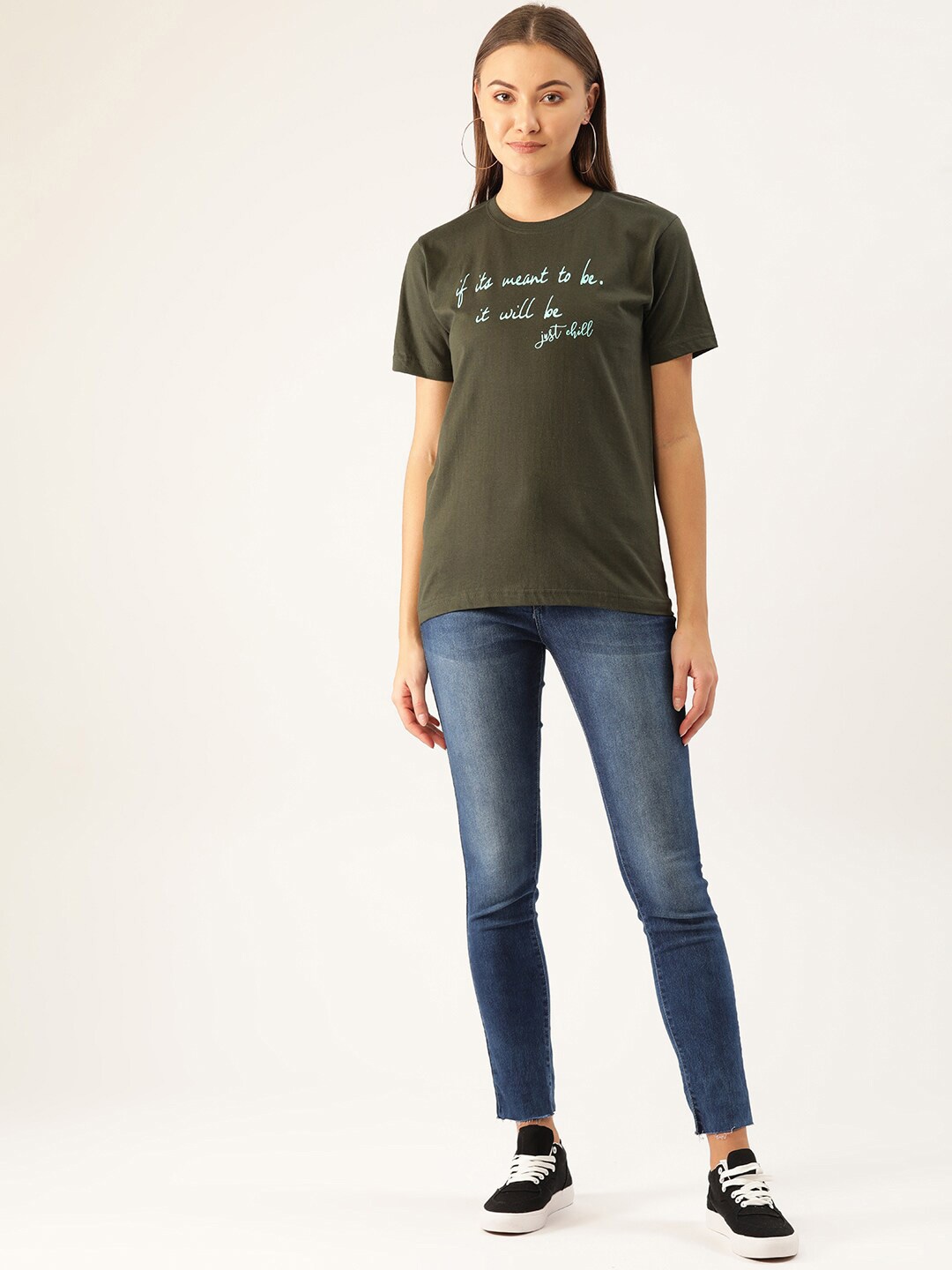 

YOLOCLAN Typography Printed Round Neck Short Sleeves Pure Cotton T-shirt, Green