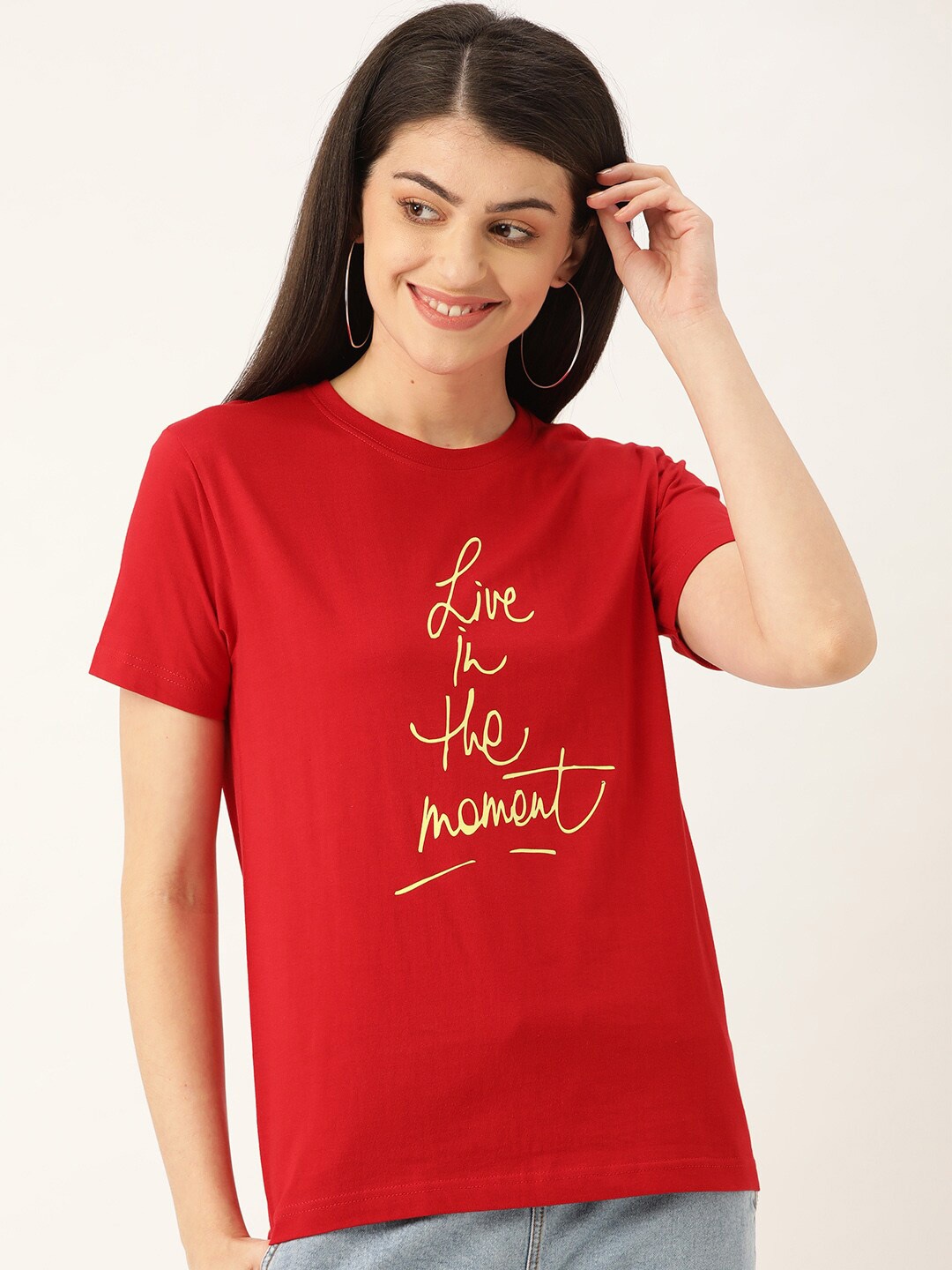 

YOLOCLAN Typography Printed Cotton T-shirt, Red