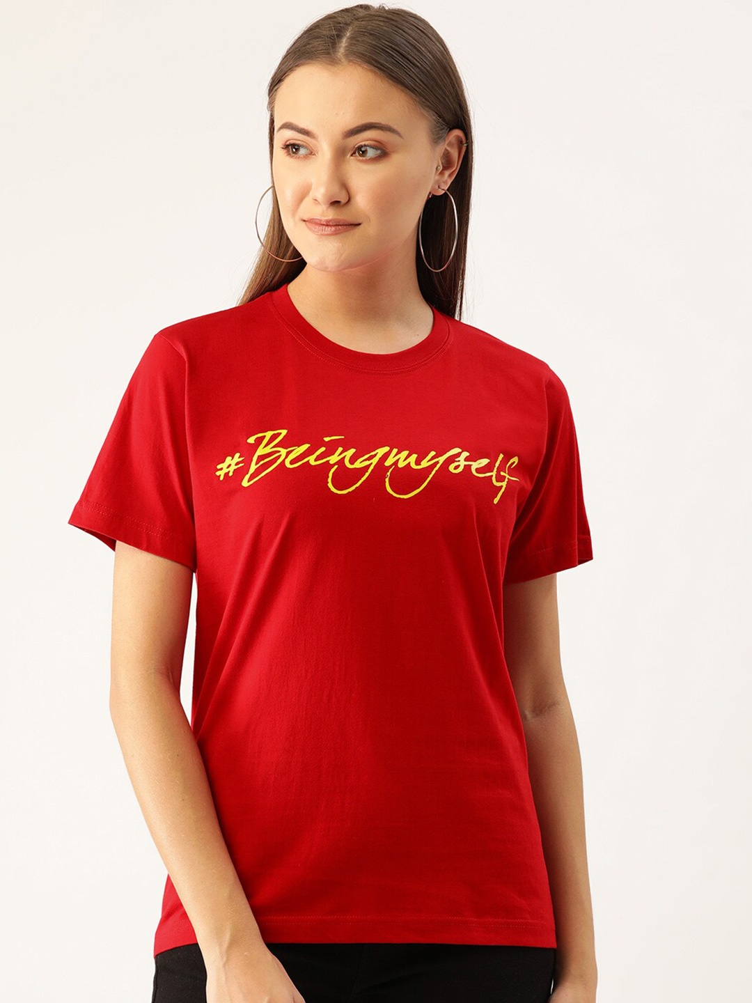 

YOLOCLAN Typography Printed Round Neck Cotton T-shirt, Red