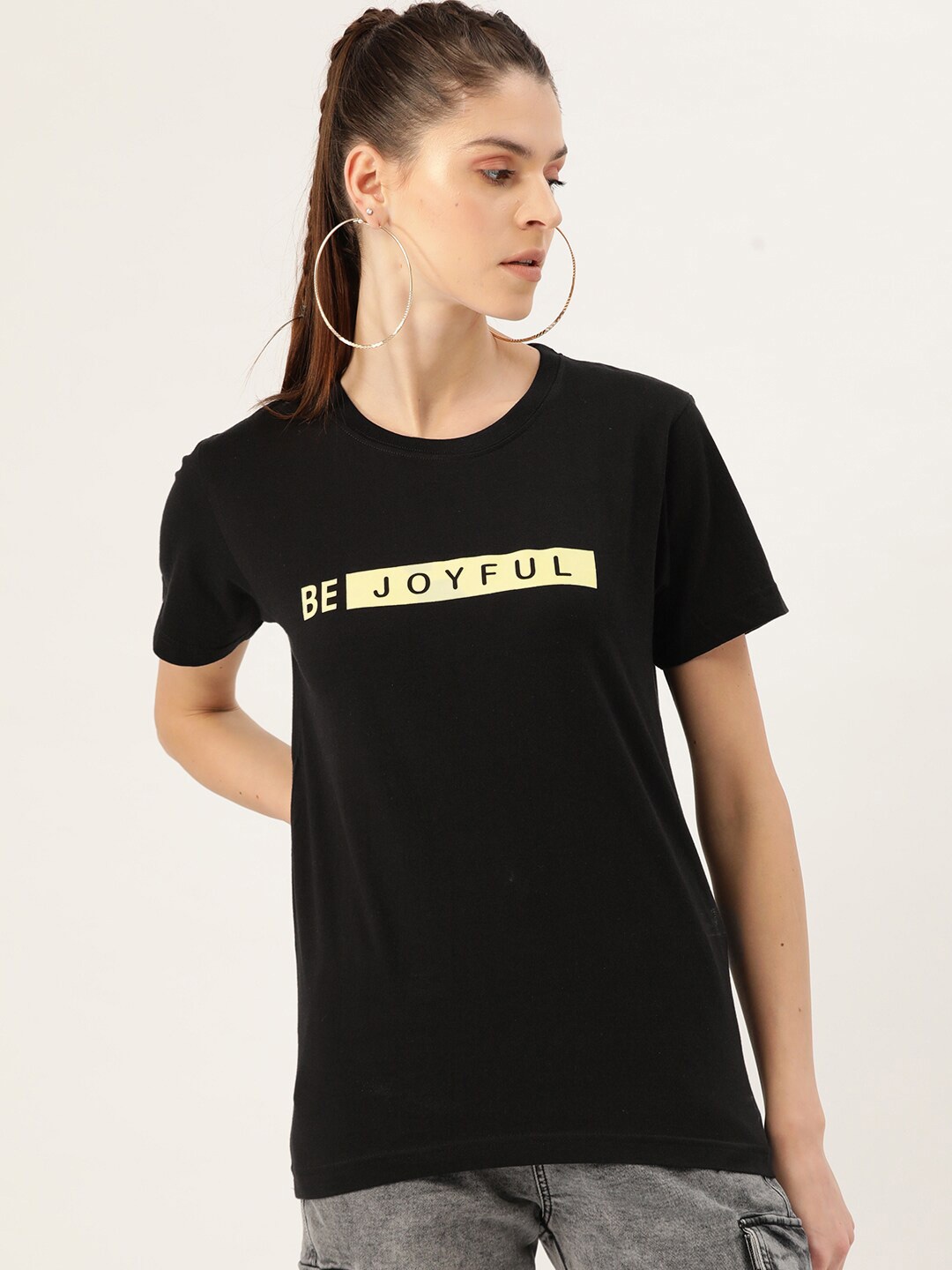 

YOLOCLAN Typography Printed Round Neck Short Sleeves Pure Cotton T-shirt, Black