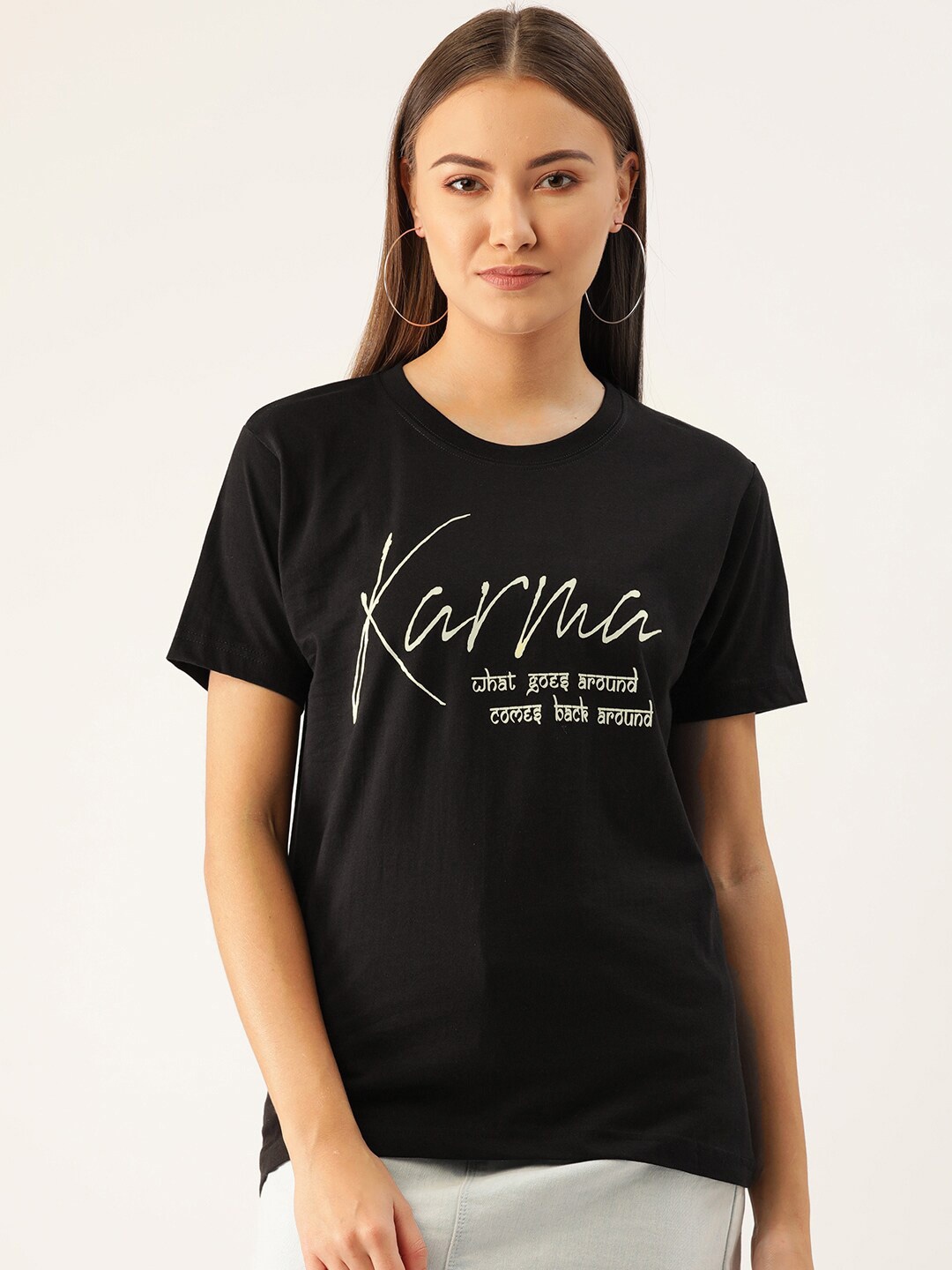 YOLOCLAN Typography Printed Pure Cotton T-shirt, Black