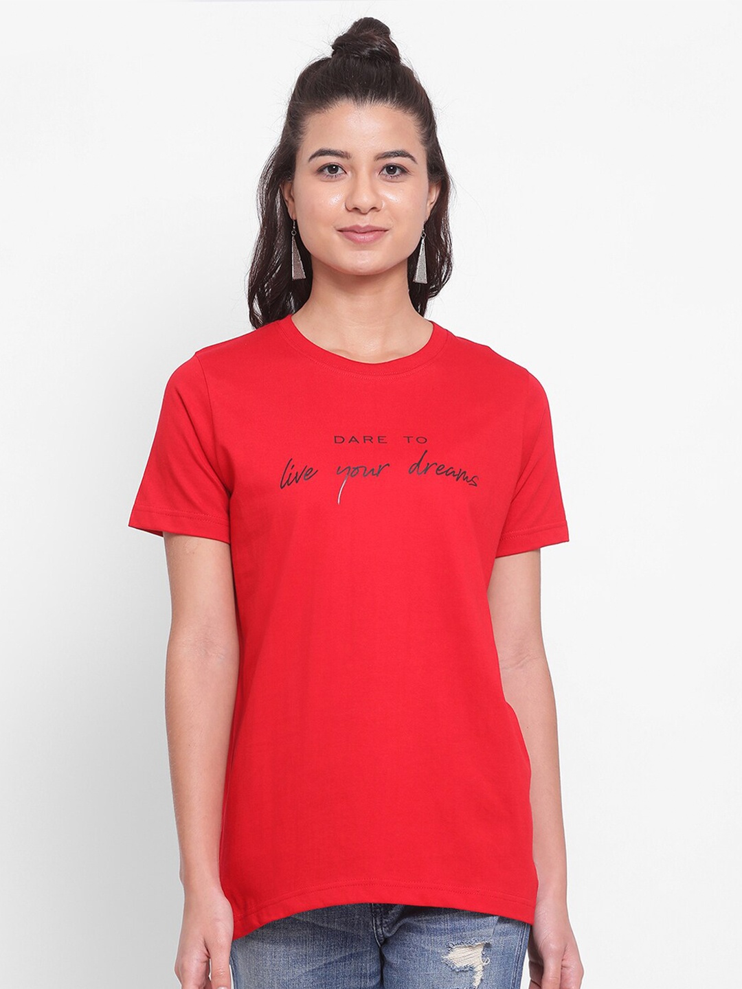 

YOLOCLAN Typography Printed Round Neck Pure Cotton T-shirt, Red
