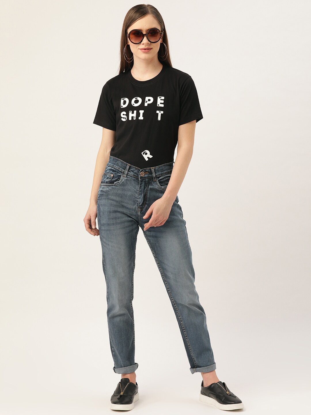 

YOLOCLAN Typography Printed Pure Cotton T-shirt, Black