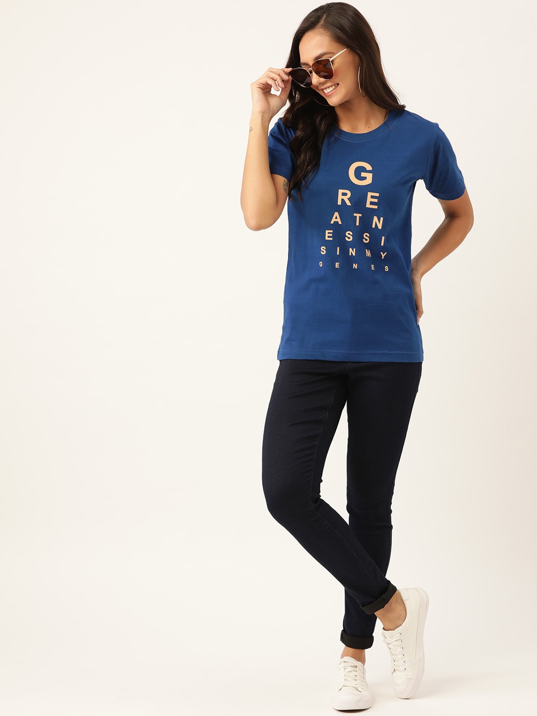 

YOLOCLAN Typography Printed Short Sleeves Pure Cotton T-shirt, Blue