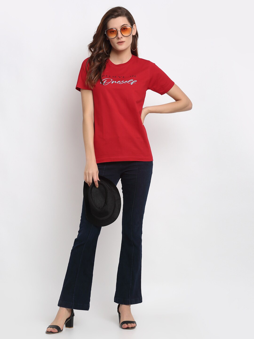 

YOLOCLAN Typography Printed Pure Cotton T-shirt, Red