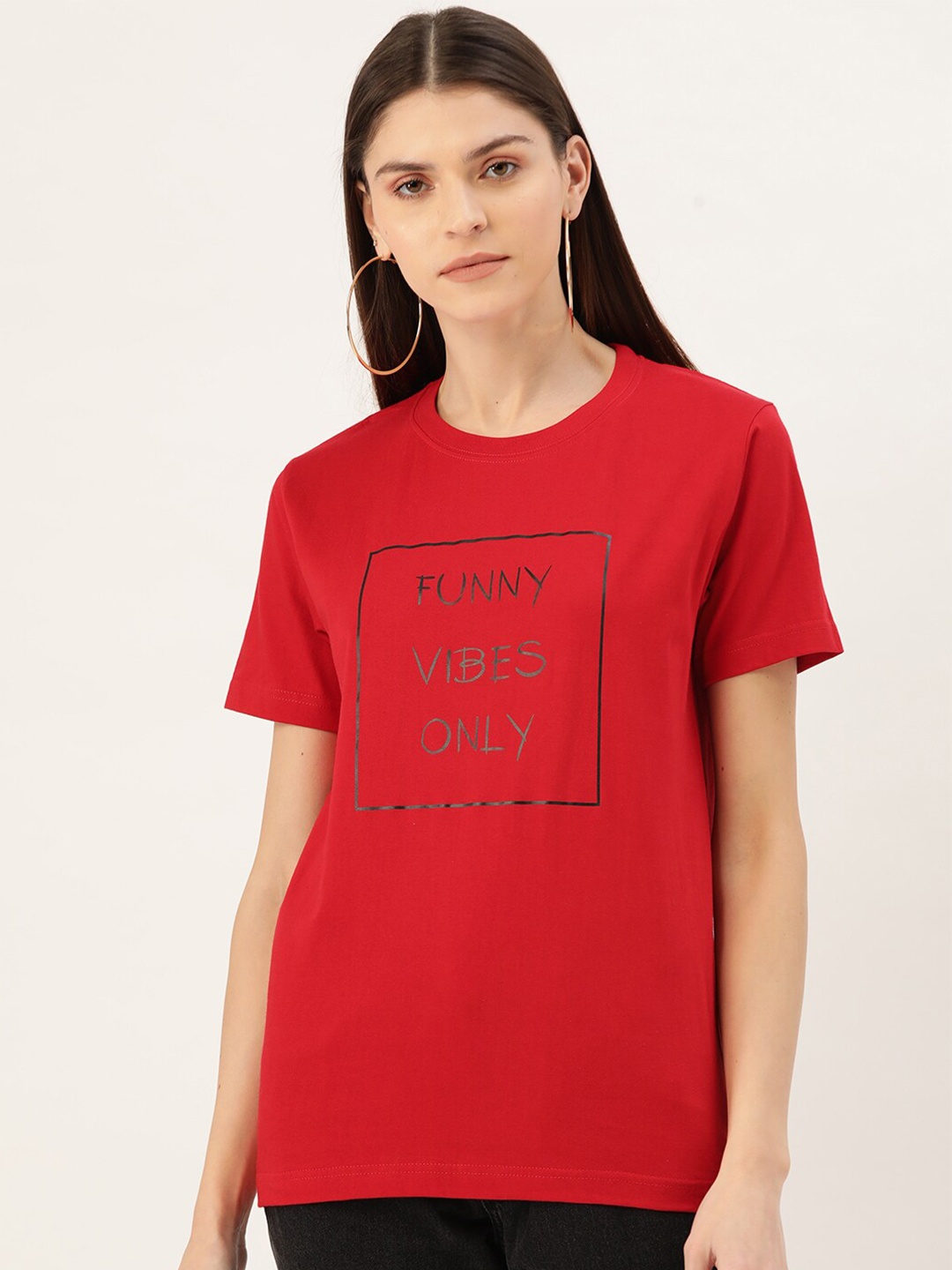 YOLOCLAN Typography Printed Cotton Regular Fit T-shirt, Red