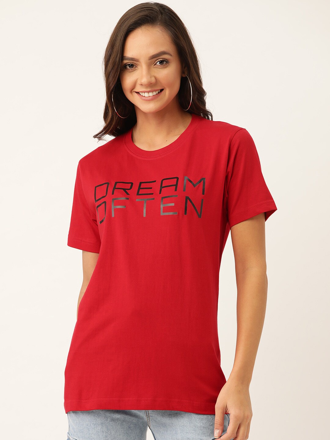 

YOLOCLAN Typography Printed Pure Cotton T-shirt, Red