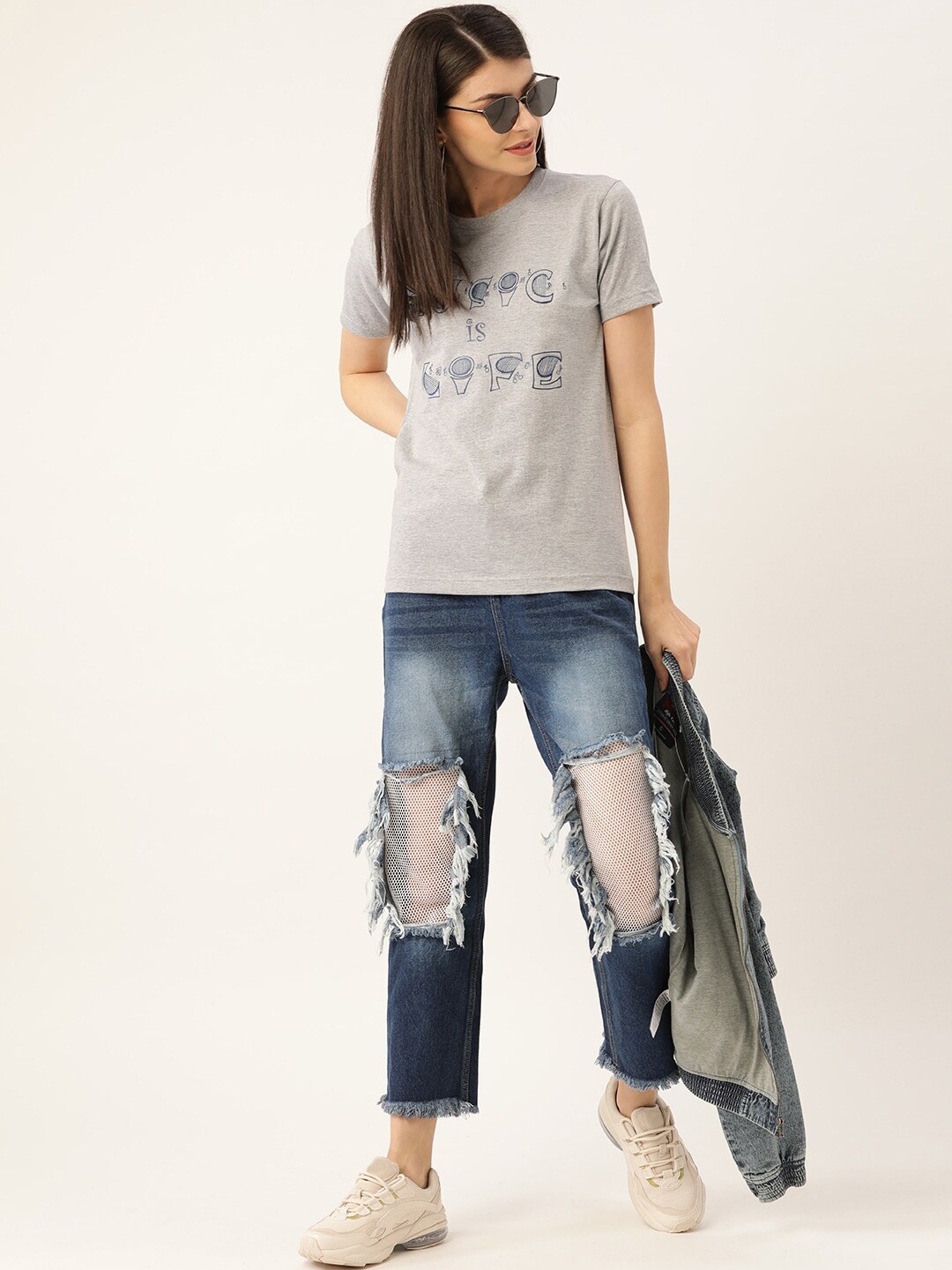 

YOLOCLAN Typography Printed Pure Cotton T-shirt, Grey