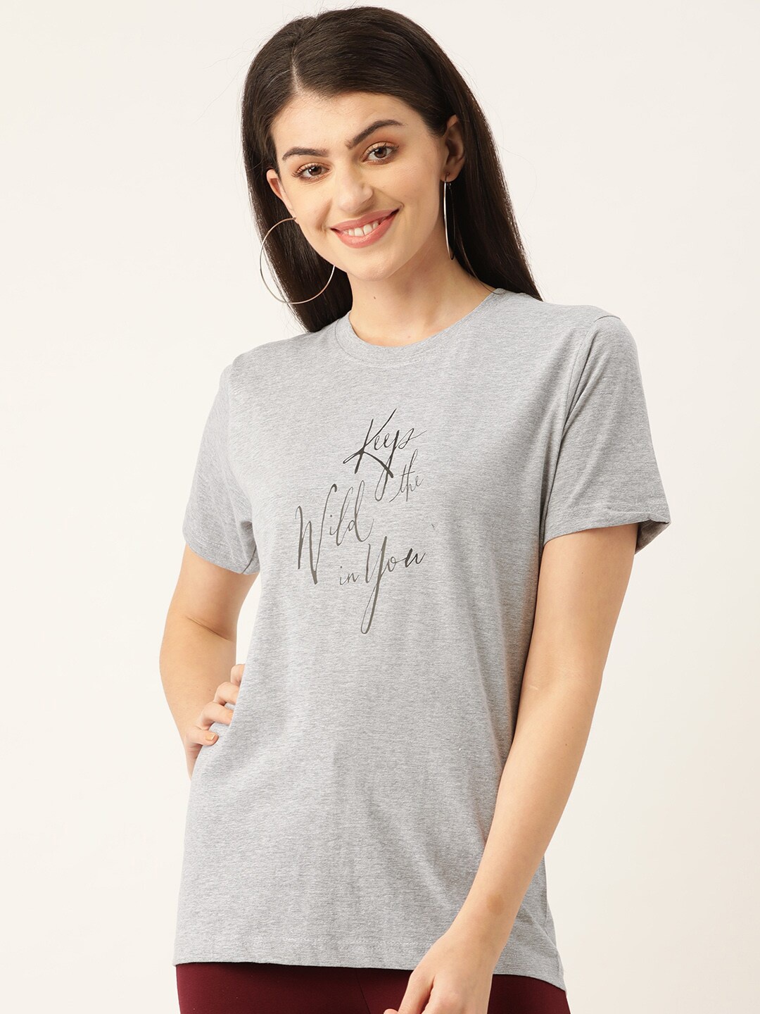 

YOLOCLAN Typography Printed Cotton Regular Fit T-shirt, Grey