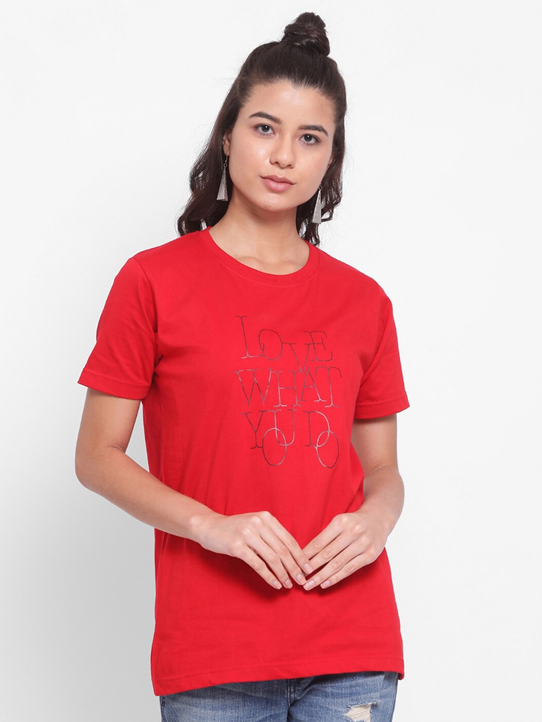 

YOLOCLAN Typography Printed Round Neck Cotton T-shirt, Red