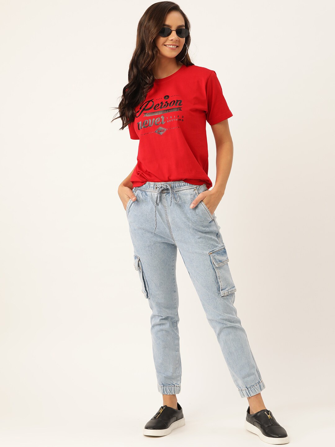 

YOLOCLAN Typography Printed Short Sleeves Pure Cotton T-shirt, Red