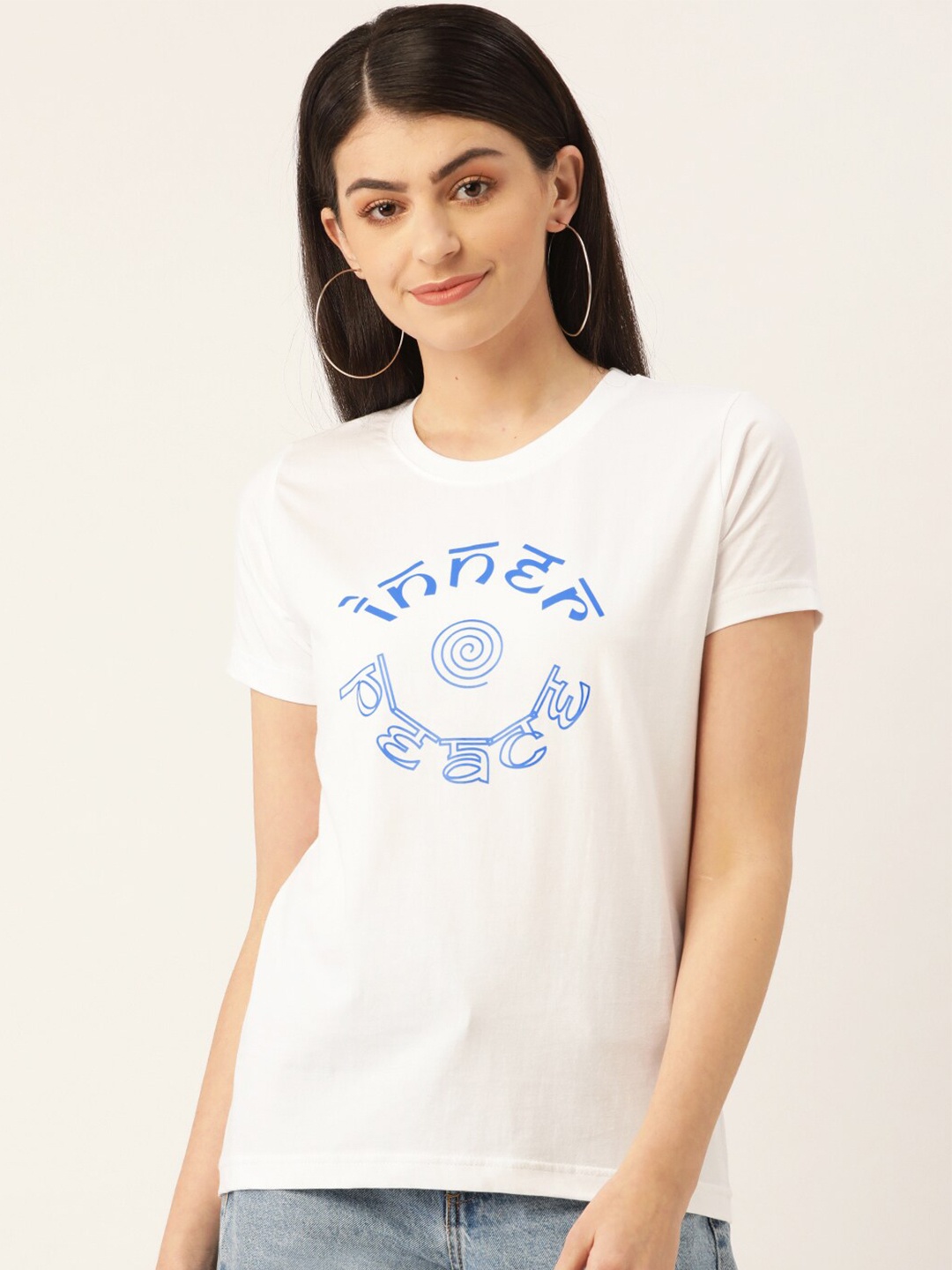 YOLOCLAN Typography Printed Pure Cotton T-shirt, White