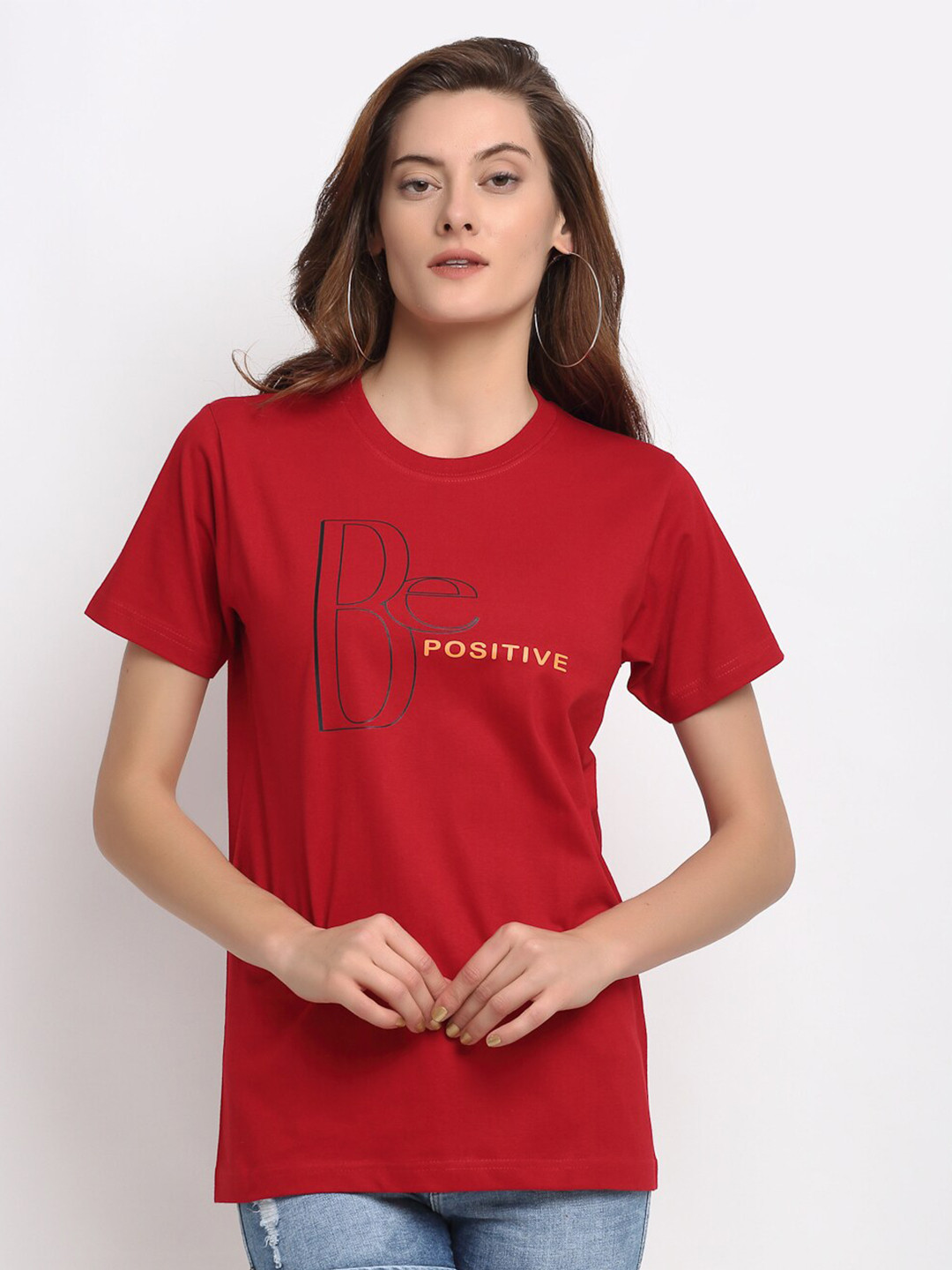 

YOLOCLAN Typography Printed Round Neck Pure Cotton T-shirt, Red