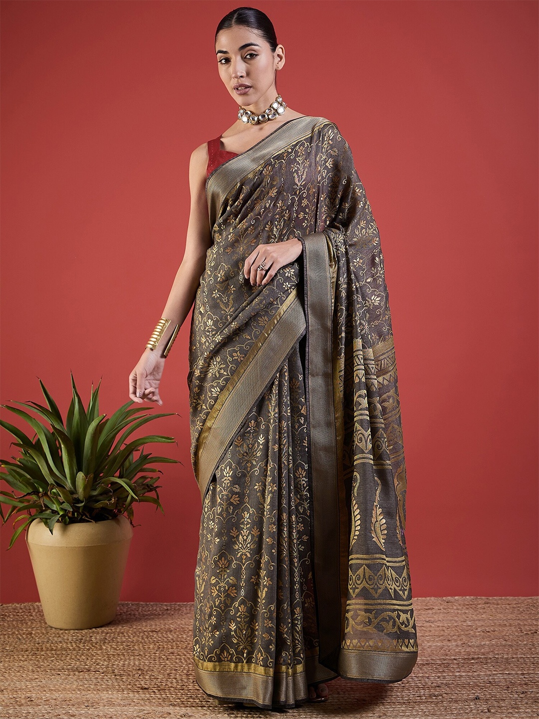 

Anouk Floral Printed Brasso Zari Saree, Grey