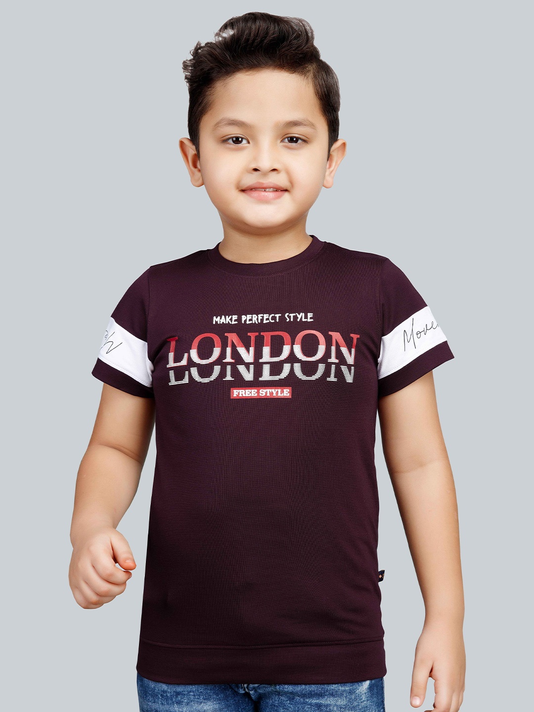 

3PIN Boys Typography Printed Round Neck Short Sleeves Cotton T-shirt, Burgundy