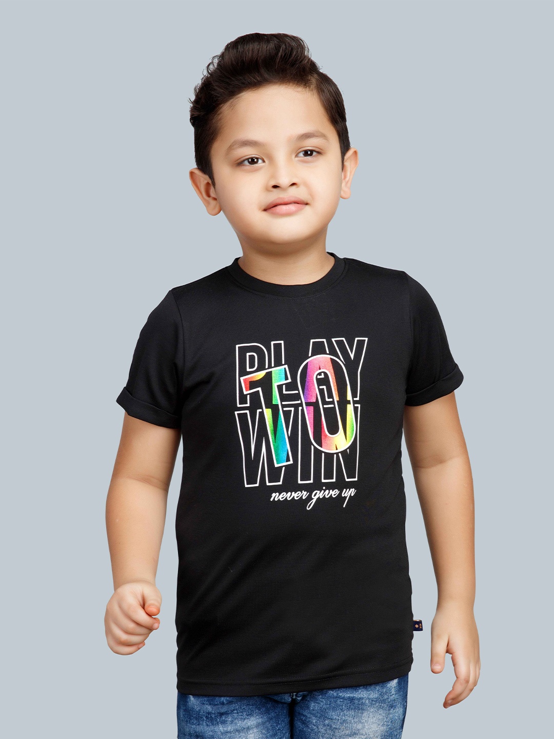 

3PIN Boys Typography Printed Round Neck Short Sleeves Cotton T-shirt, Black