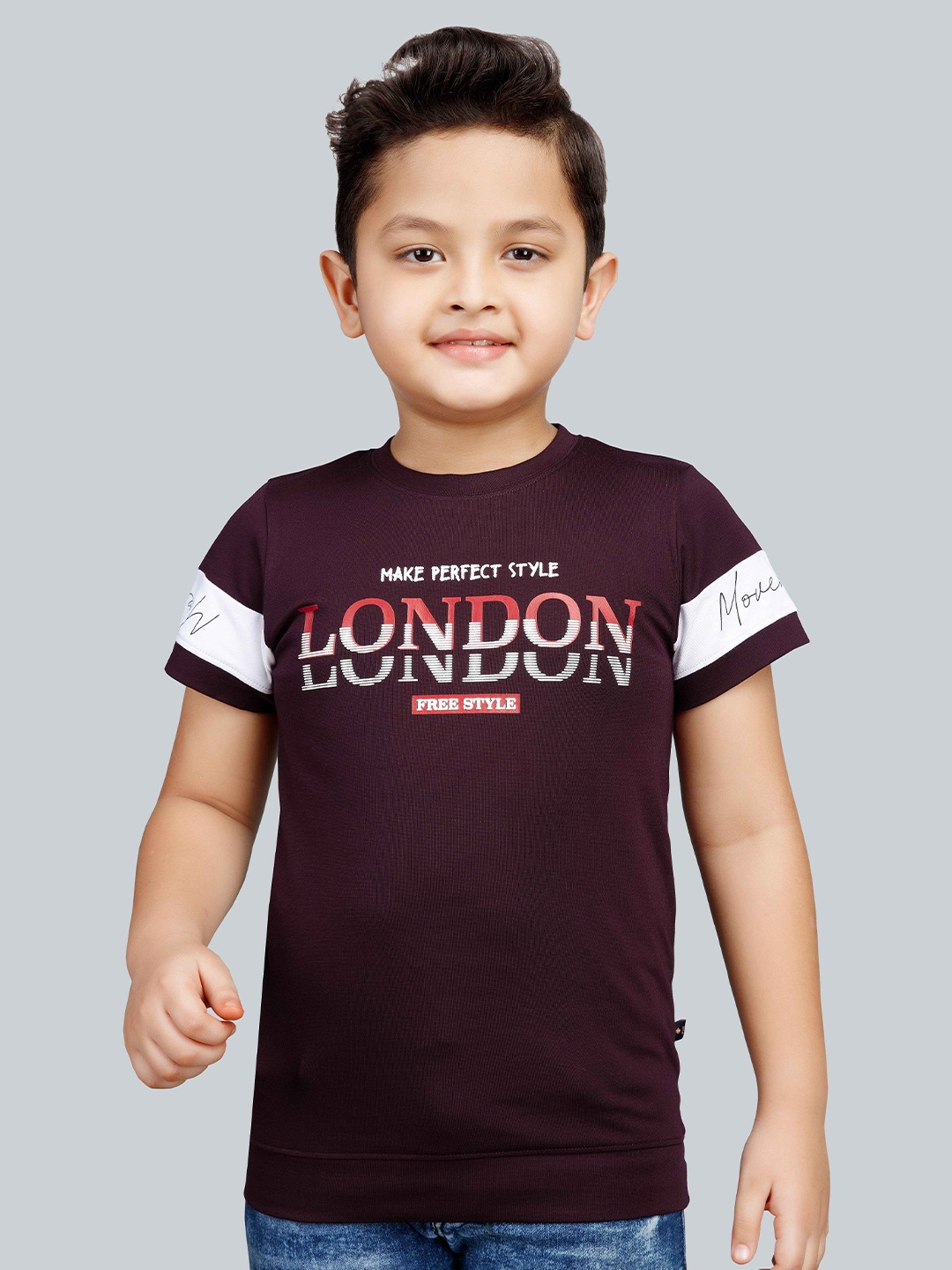 

3PIN Boys Typography Printed Round Neck Short Sleeves Cotton T-shirt, Burgundy