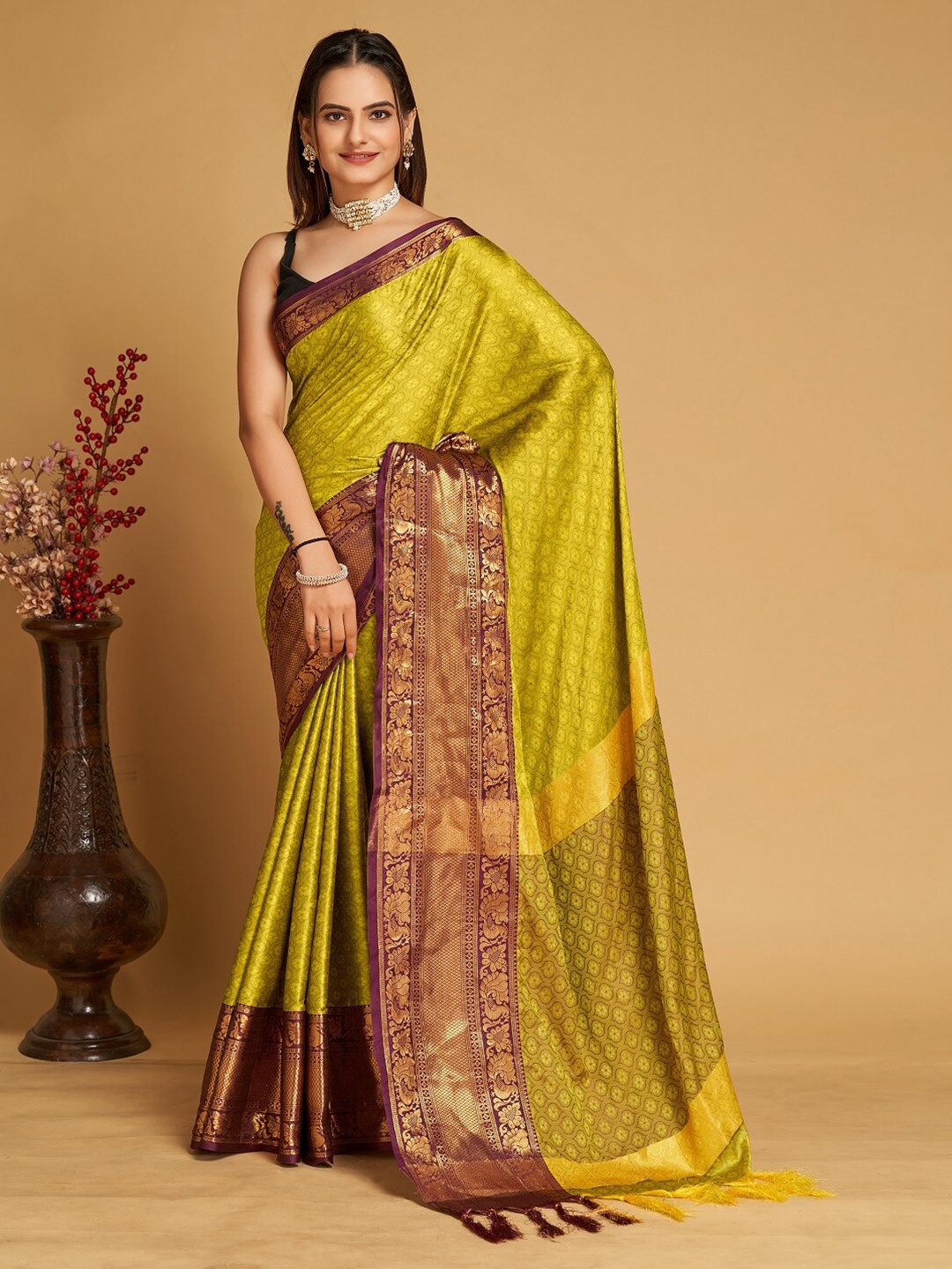 

Mitera Ethnic Motifs Woven Design Zari Banarasi Saree, Lime green