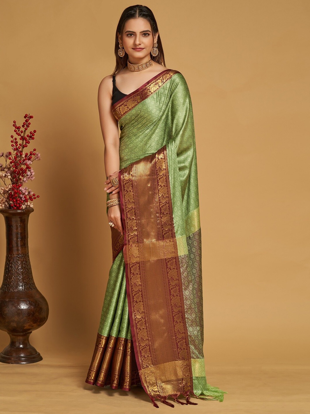 

Mitera Woven Design Banarasi Zari Saree, Fluorescent green
