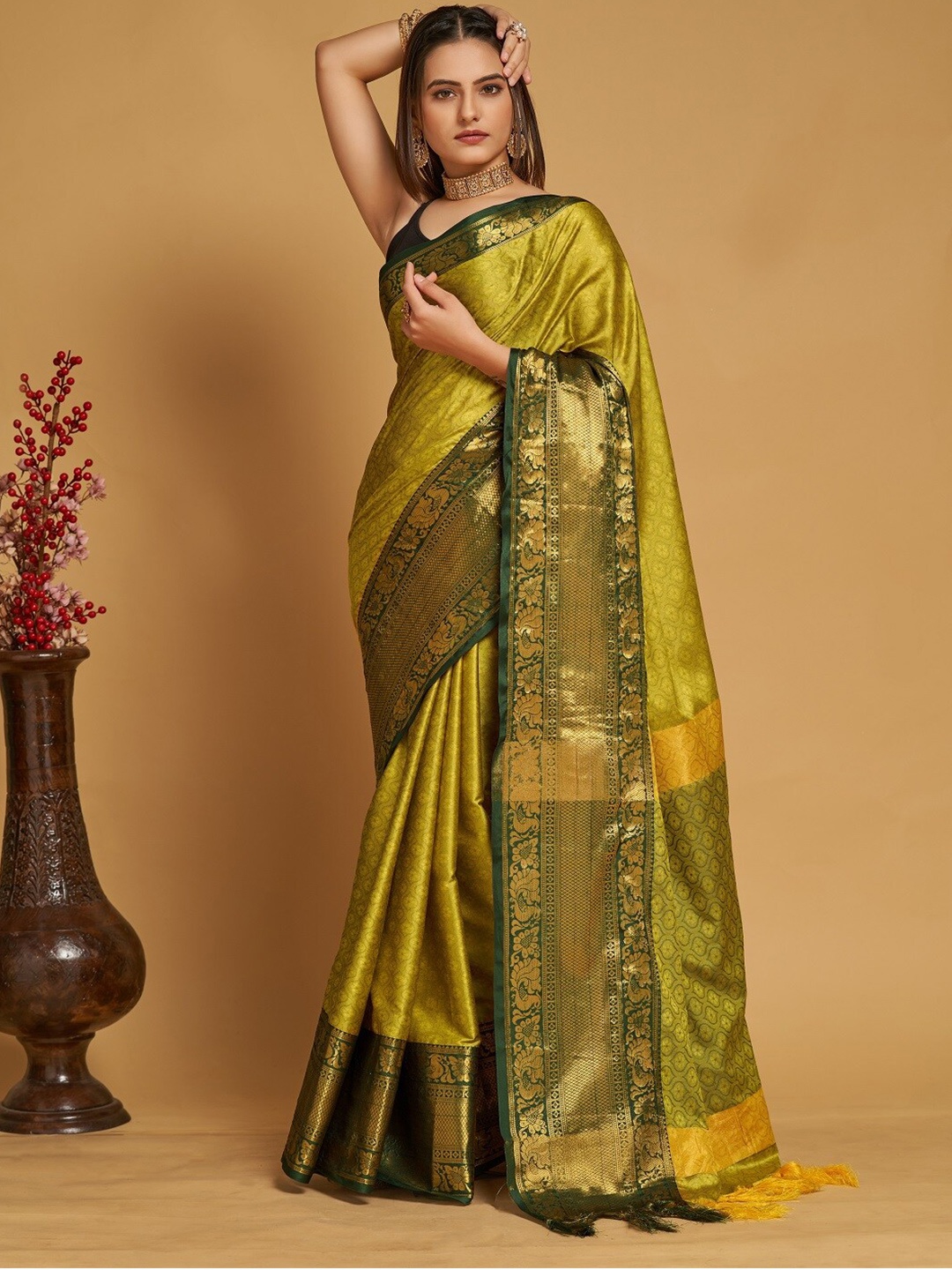 

Mitera Ethnic Motifs Woven Design Zari Banarasi Saree, Lime green