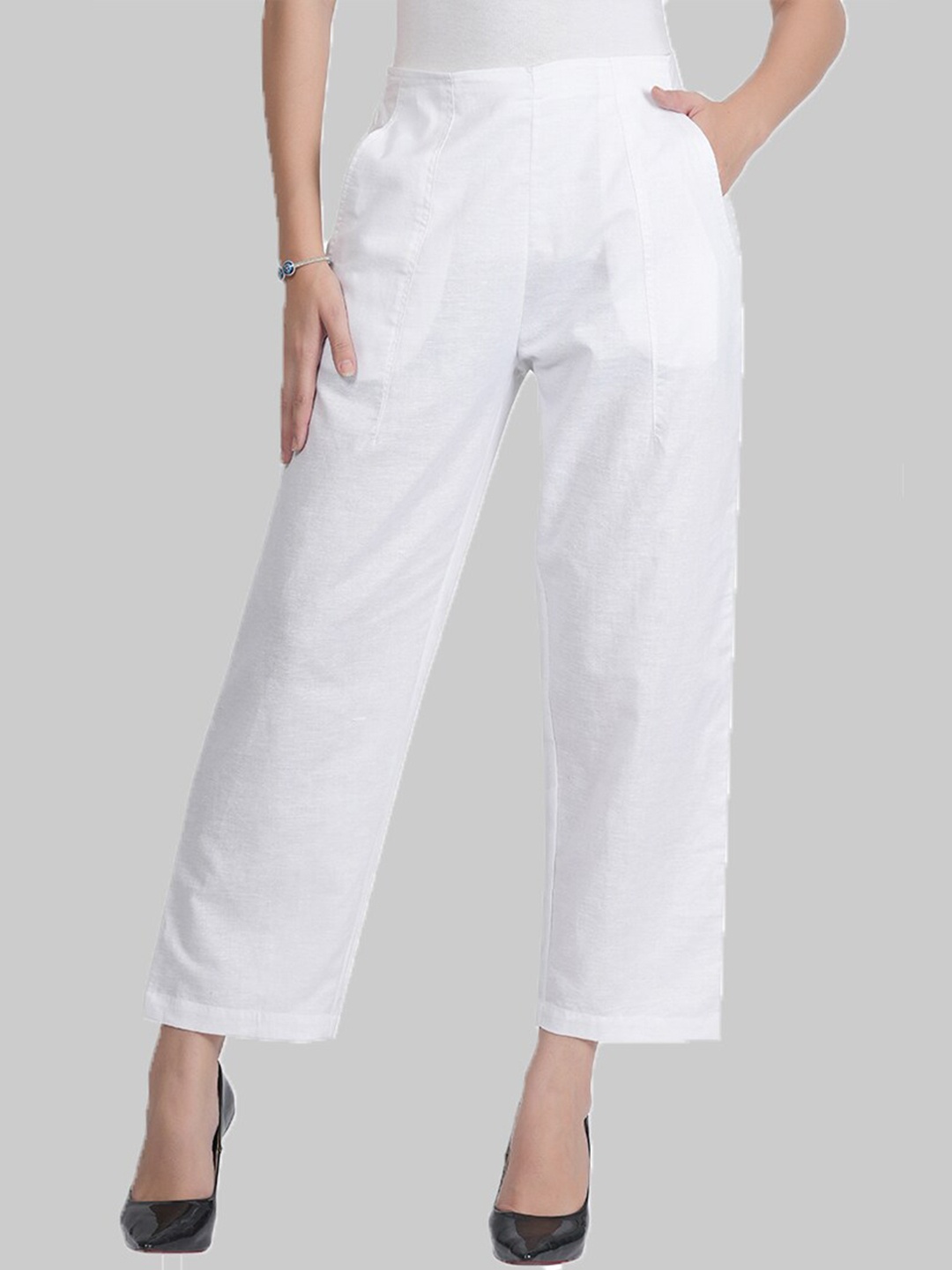 

Style Shoes Women Mid-Rise Linen Trousers, White