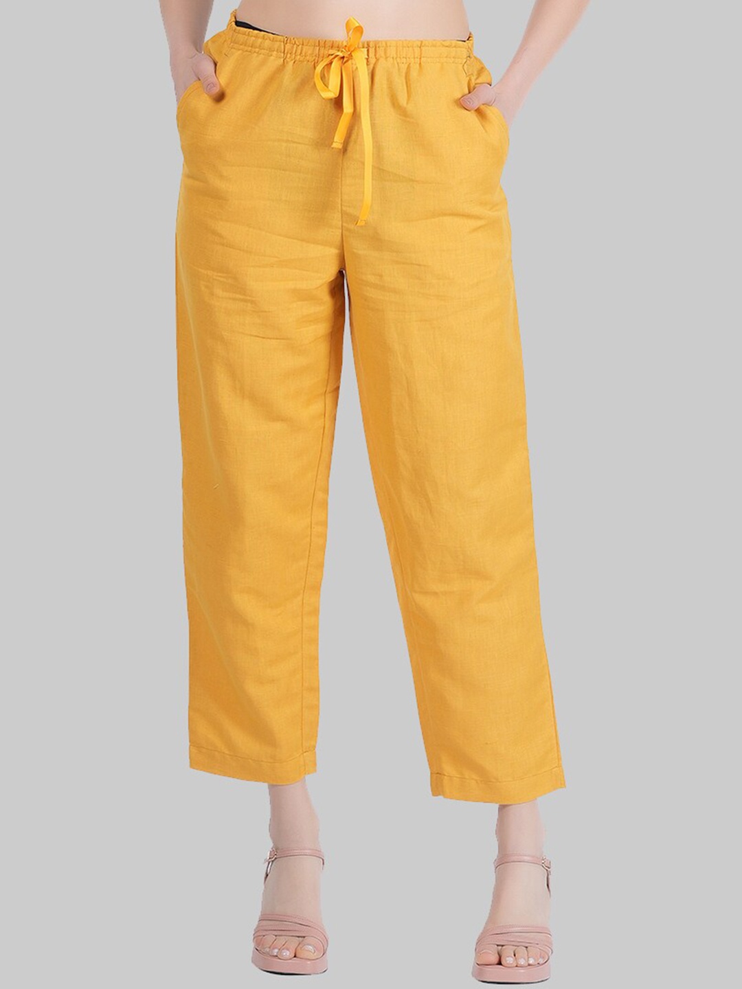 

Style Shoes Women Mid-Rise Easy Wash Cropped Linen Trousers, Yellow