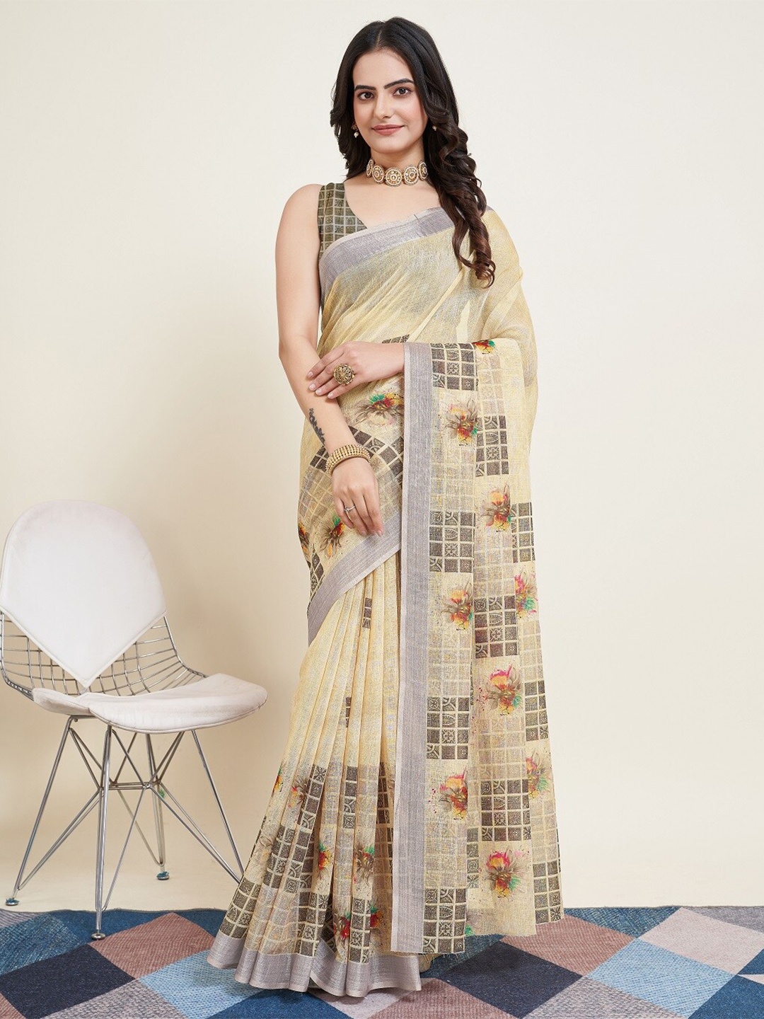 

Mitera Floral Printed Kota Saree, Beige