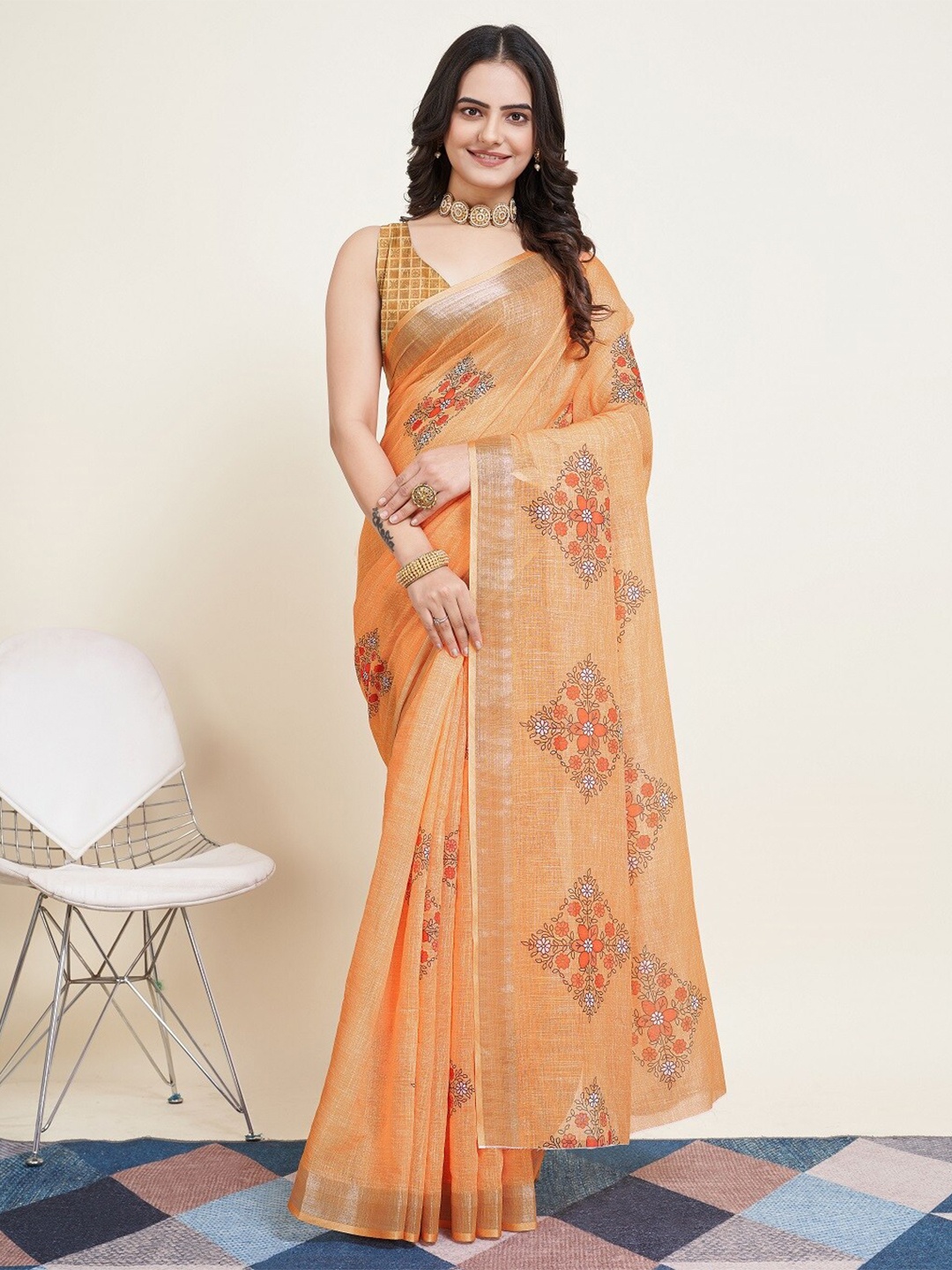 

Mitera Floral Printed Zari Kota Saree, Orange