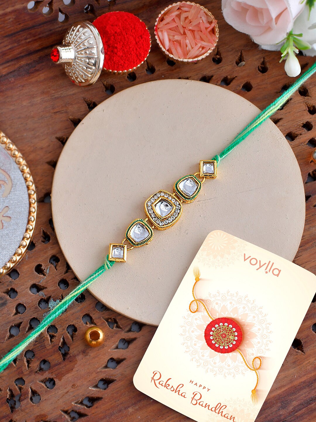 

Voylla Kundan Studded Thread Rakhi, Green