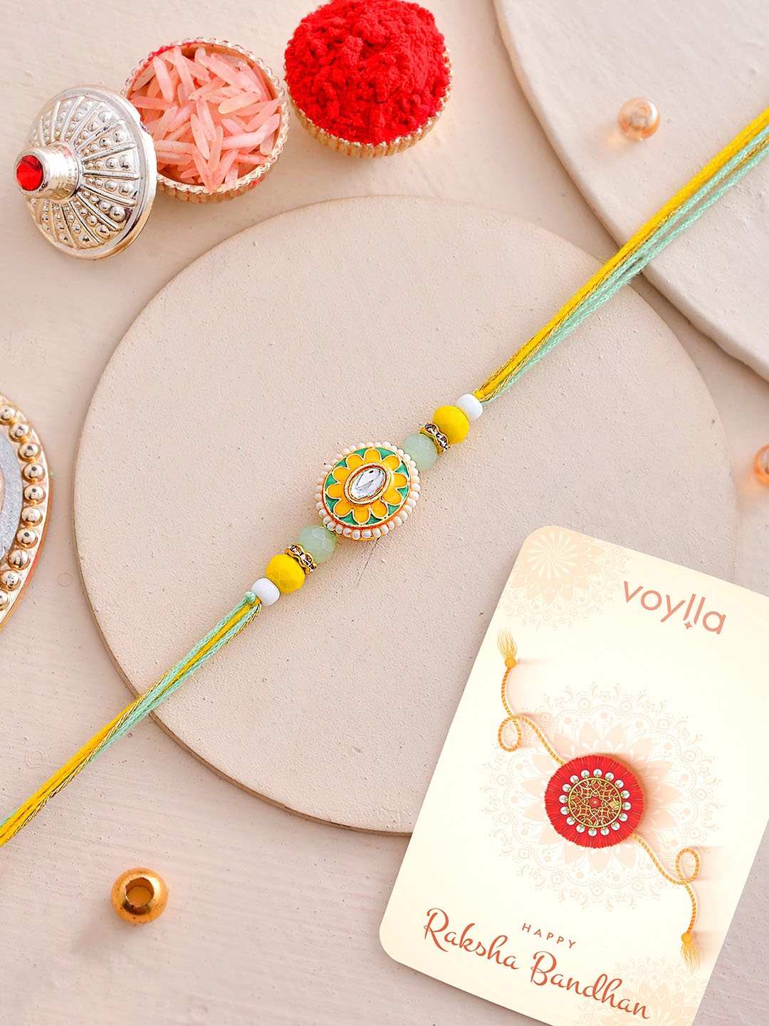 

Voylla Men Faux Pearls Embellished Thread Rakhi, Gold