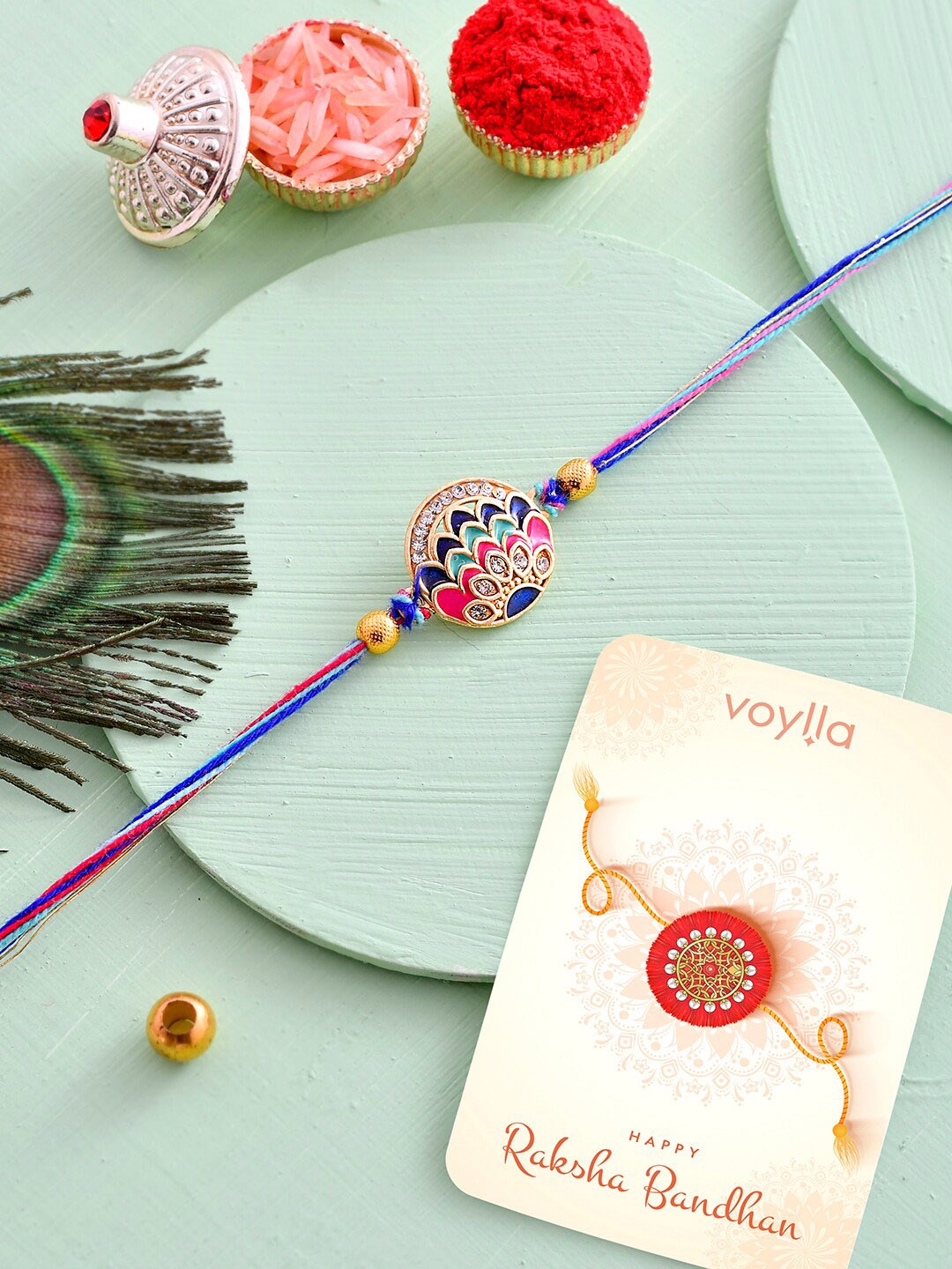 

Voylla Men Peacock Inspired Enamelled Thread Rakhi, Gold