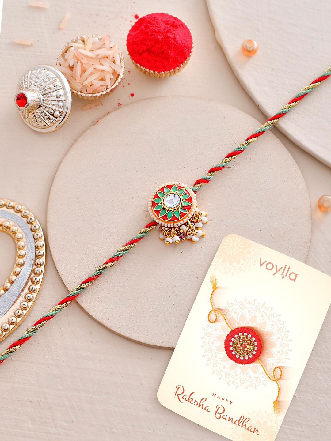 

Voylla Kundan & Pearls Embellished Thread Rakhi, Gold