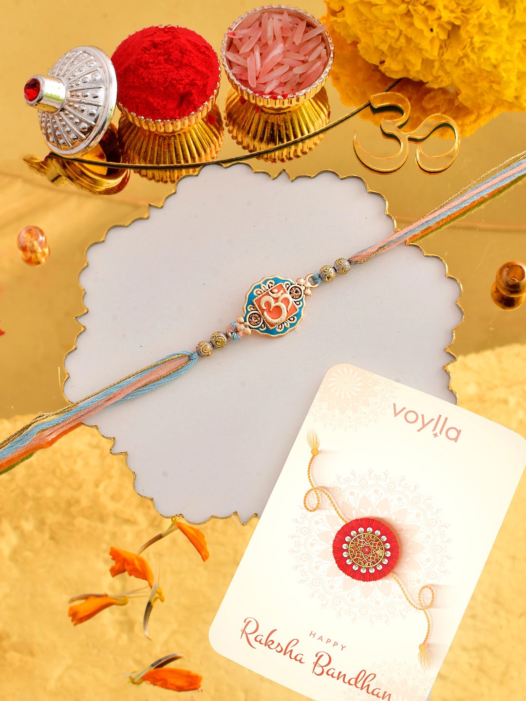 

Voylla Om Beaded Colourful Thread Rakhi, Gold