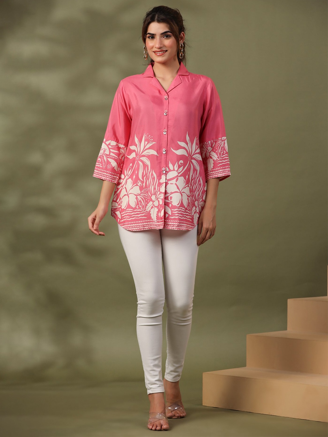 

JISORA Floral Printed Shirt Collar Three-Quarter Sleeves Pure Silk Top, Pink