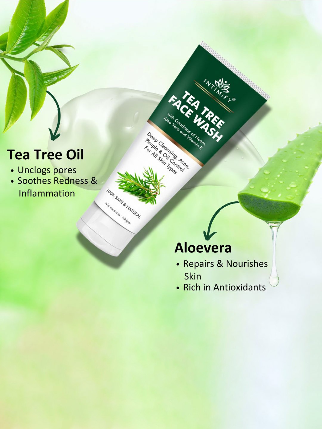 

INTIMIFY Tea Tree Face Wash With Neem Aloevera & Vitamin E For Acne & Pimples - 100g, Green