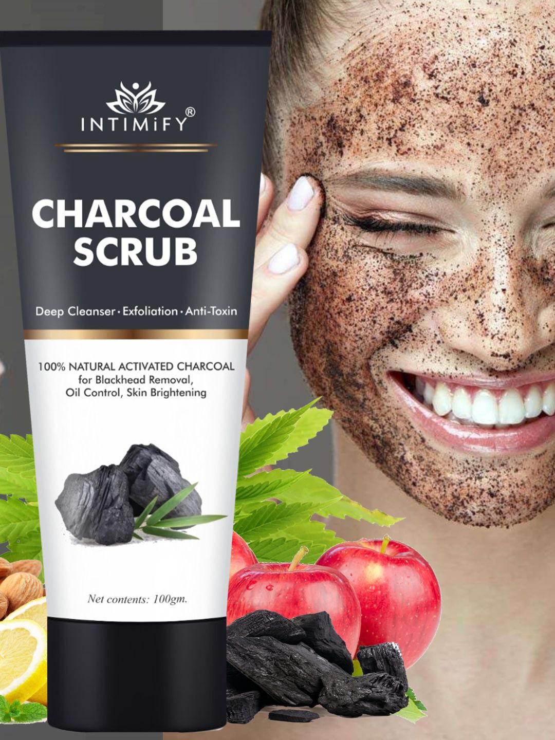 

INTIMIFY Charcoal Scrub For Glowing Skin With Amla & Badam Oil - 100g, Black