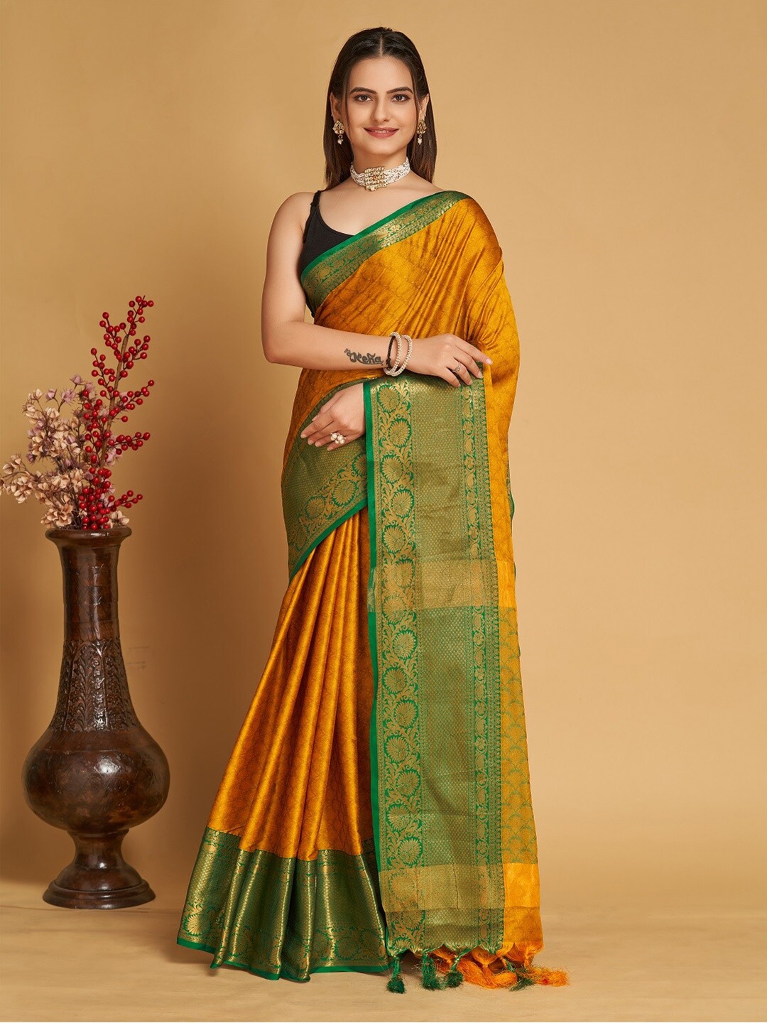 

Mitera Ethnic Motifs Woven Design Zari Banarasi Saree, Mustard