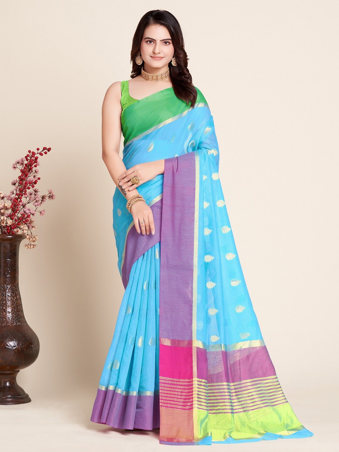 

Mitera Ethnic Motifs Woven Design Zari Silk Cotton Kota Saree, Blue