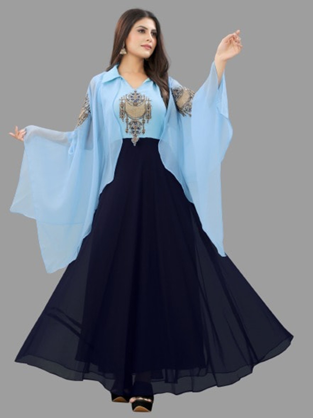 

Fashionuma Embroidered Flared Sleeves Ethnic Dress, Blue
