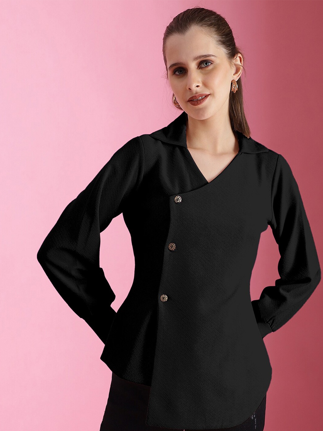 

Selvia Dyed Shirt Collar Shirt Style Top, Black