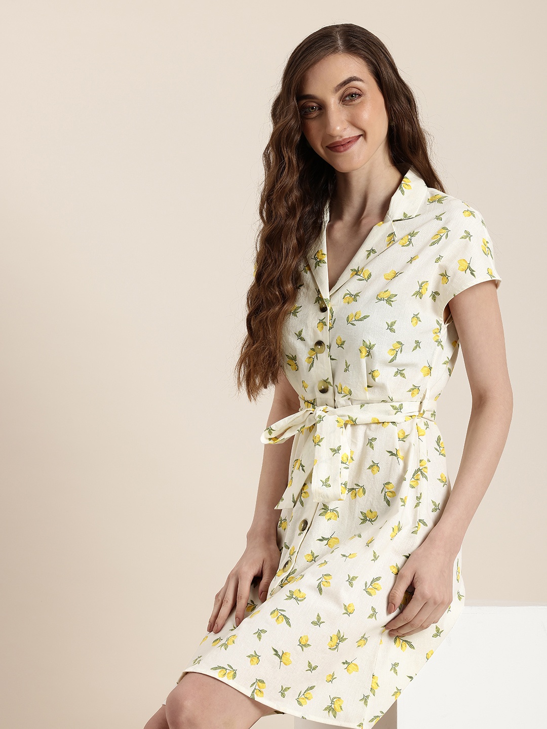 

HERE&NOW Floral Print Extended Sleeves Cotton Linen Shirt Dress, Cream