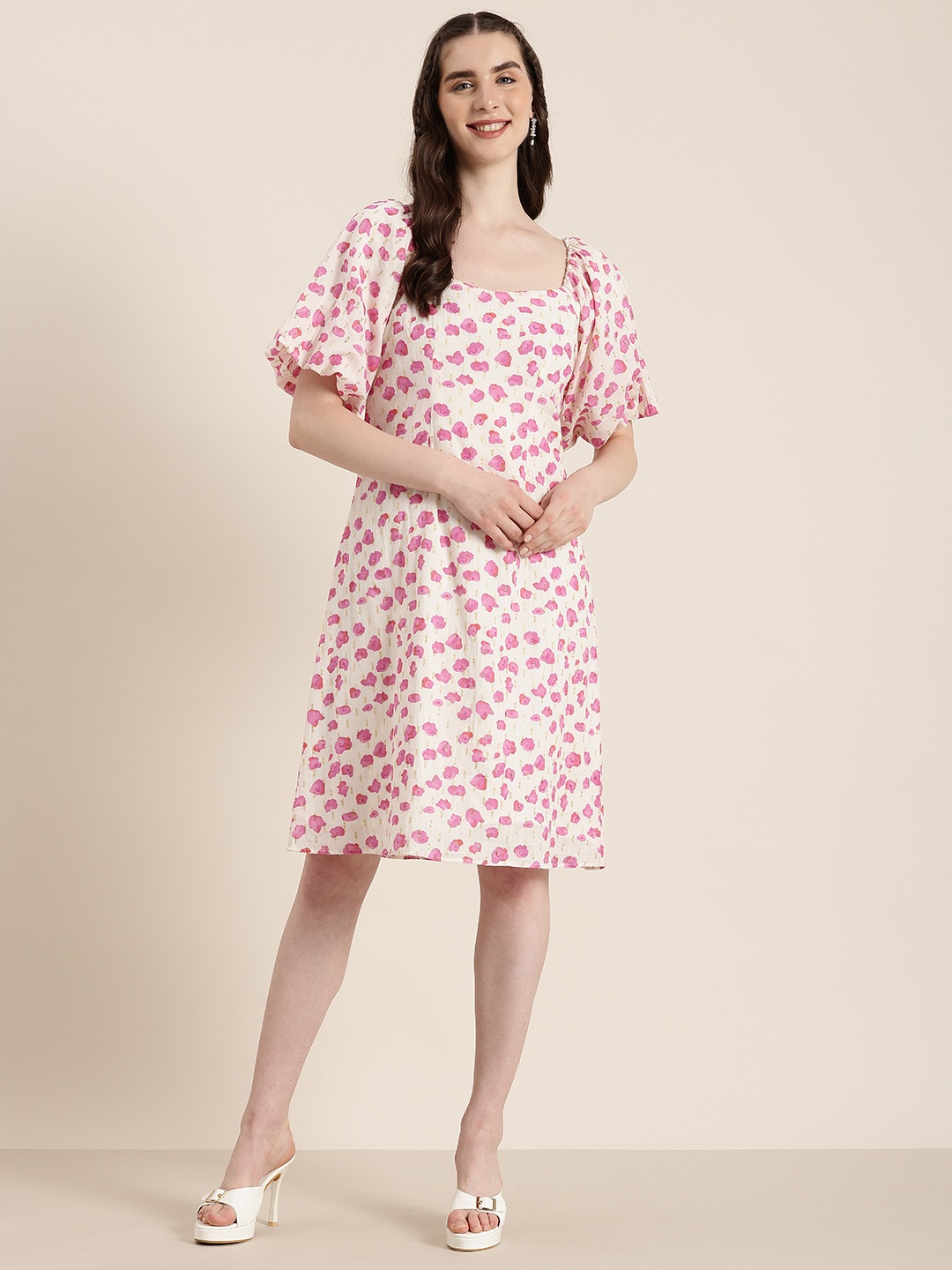 

HERE&NOW Print Puff Sleeves Pure Cotton A-Line Dress, Off white