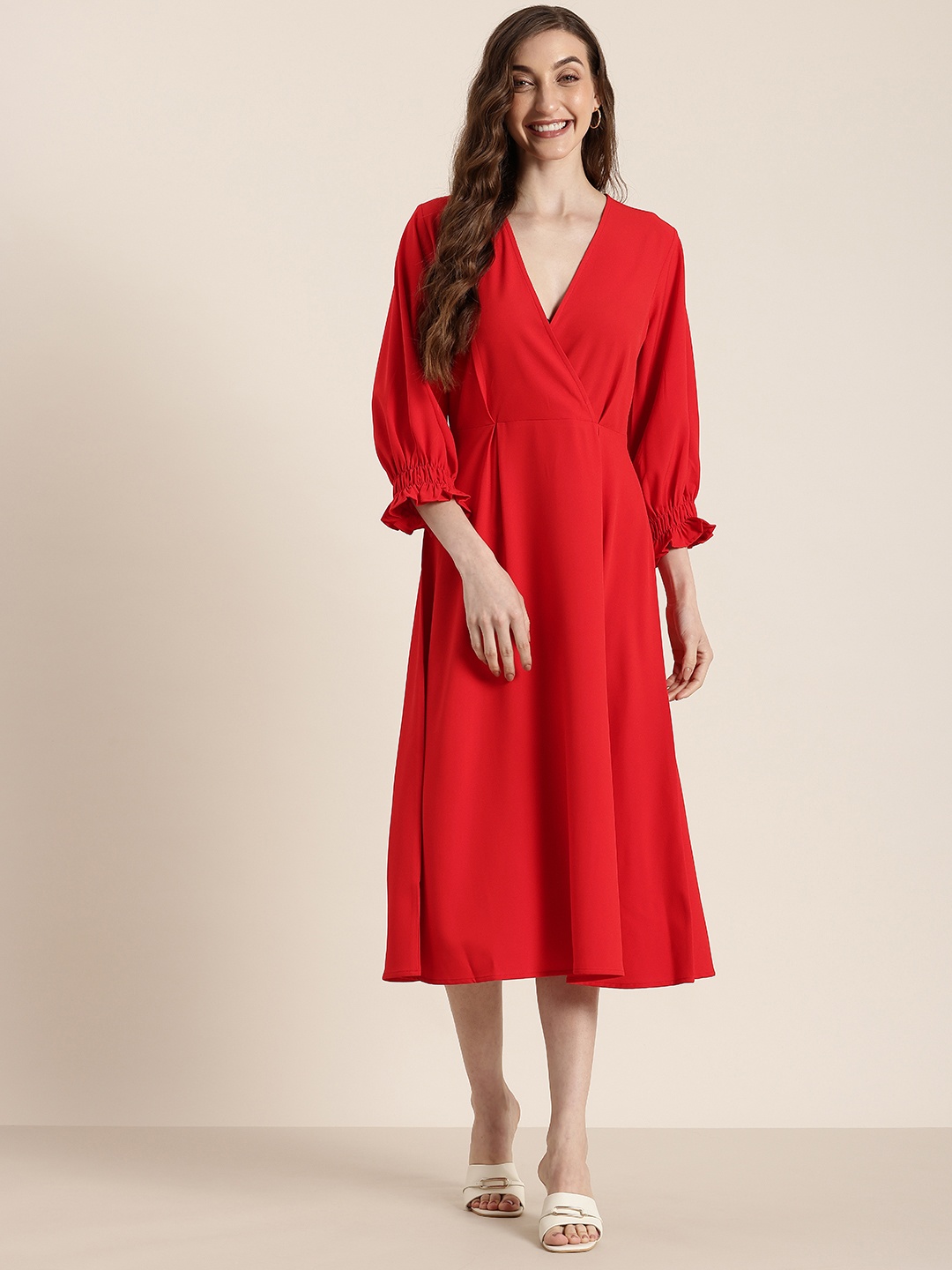 

HERE&NOW Puff Sleeves Wrap Midi Dress, Off white